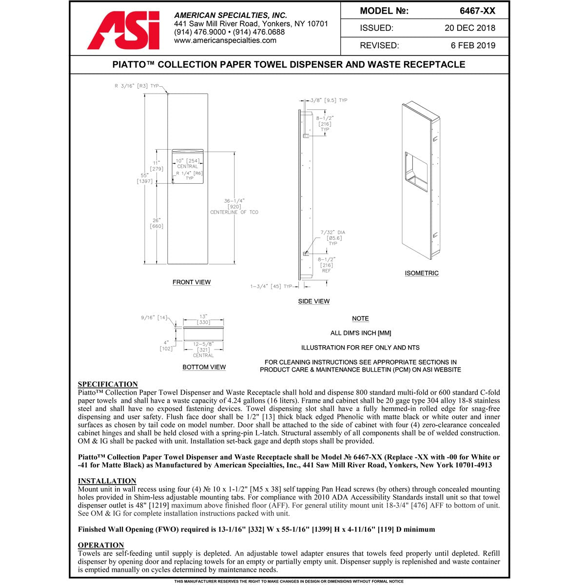 ASI 6467 - 41 Piatto High - end Recessed Combined Paper Towel Dispenser and Waste Receptacle with Black Phenolic Door, Dimensions: 13 x 55 x 4 - 9/16 Inches