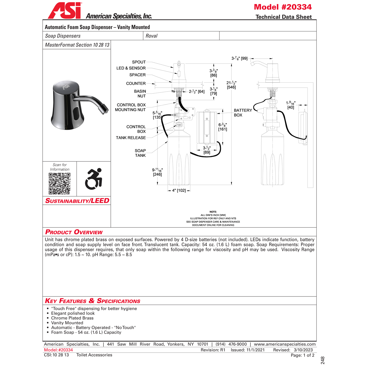 Automotive Foam Soap Dispenser ASI 20334 - Battery - Powered Vanity Mounted Automatic Soap Dispensing Device