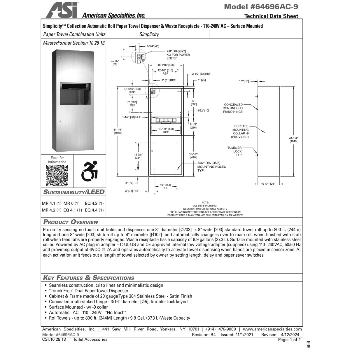 ASI 64696AC-9 High-Quality Automatic Combination Surface-Mounted Stainless Steel Commercial Paper Towel Dispenser and Waste Receptacle