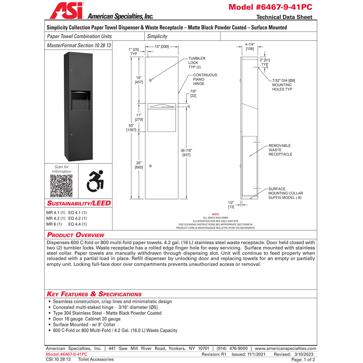 ASI 6467-9-41PC Matte Black Powder Coated Towel Dispenser & Waste Bin with Slim Collar