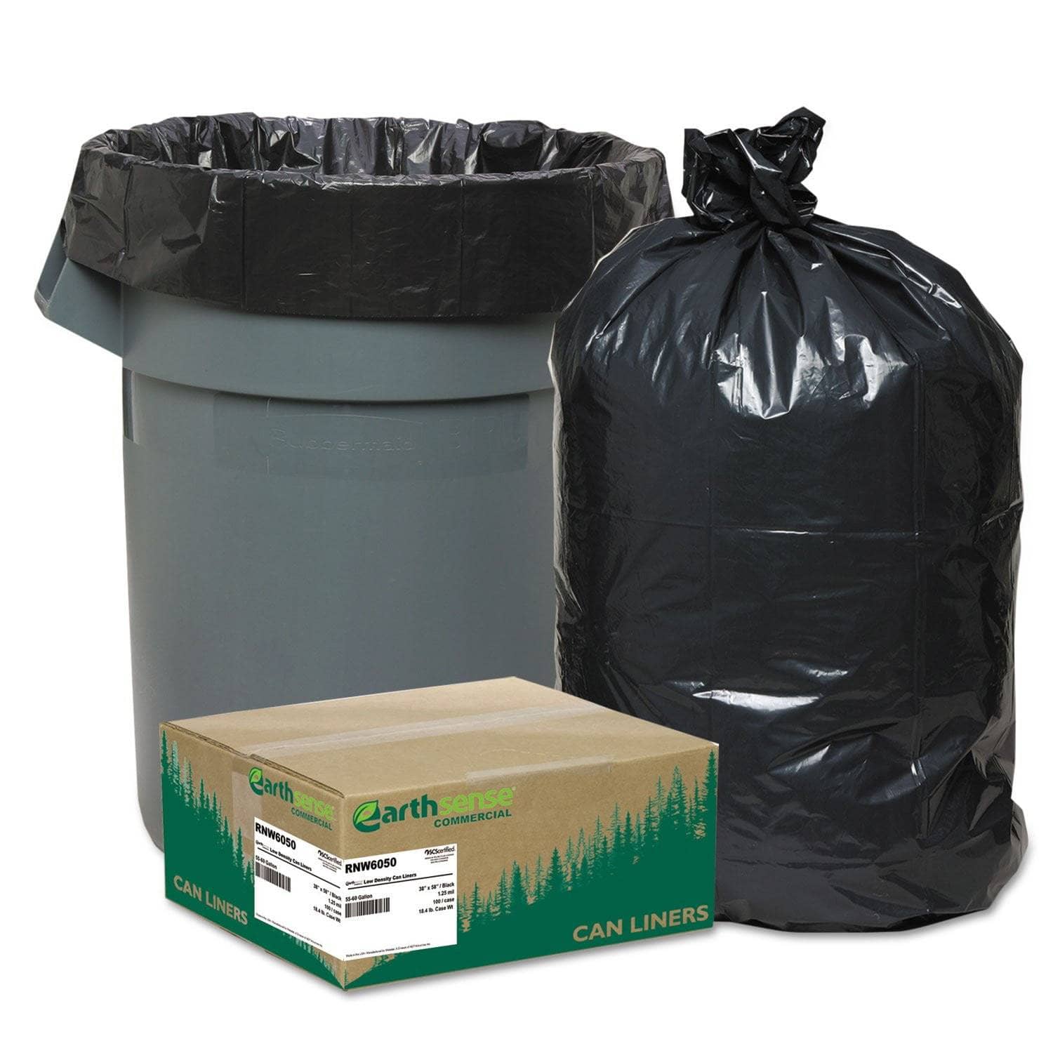 Earthsense Black Linear Low Density Recycled 60 Gallon Can Liners with 1.25 Mil Thickness, 38 X 58 Size, 100 Pieces per Carton for Waste Disposal
