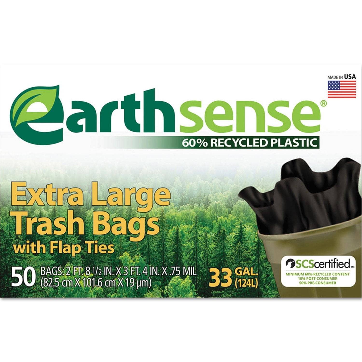Earthsense 33 Gal, 0.75 Mil, 32.5 X 40 Black Large Trash Bags, 50/Box