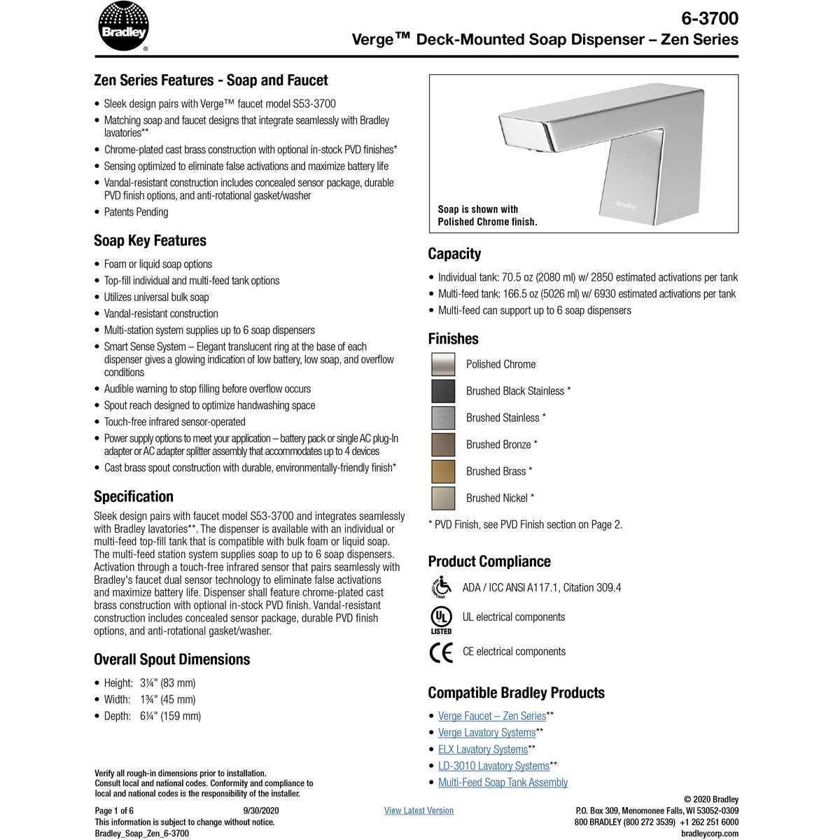 Zen Series Bradley 6-3700 RFM-PC Polished Chrome Touchless Counter Mounted Sensor Foam Soap Dispenser