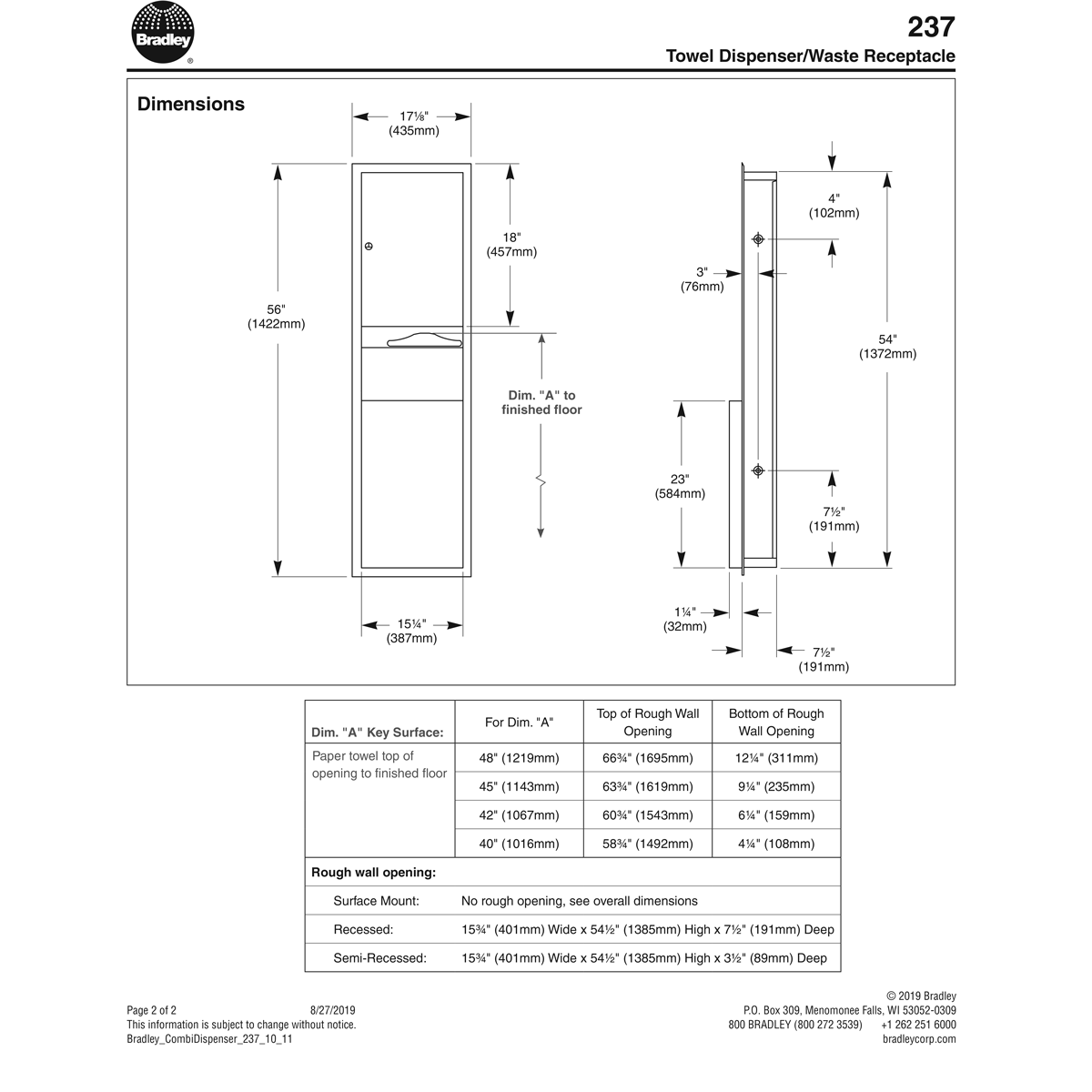 Bradley 237-10 Semi-Recessed Mounted Stainless Steel Commercial Paper Towel Dispenser & Waste Receptacle