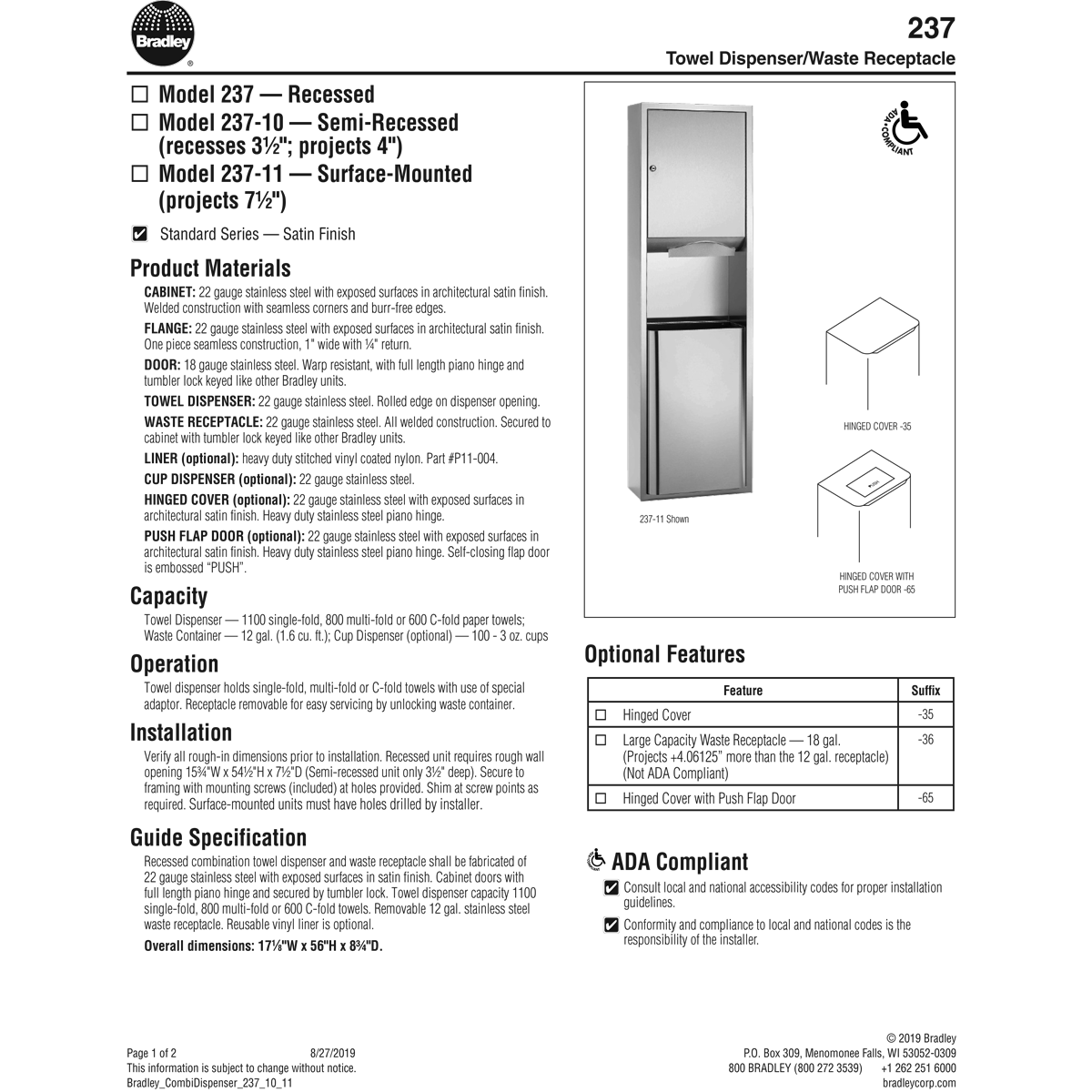 Bradley 237-10 Semi-Recessed Mounted Stainless Steel Commercial Paper Towel Dispenser & Waste Receptacle