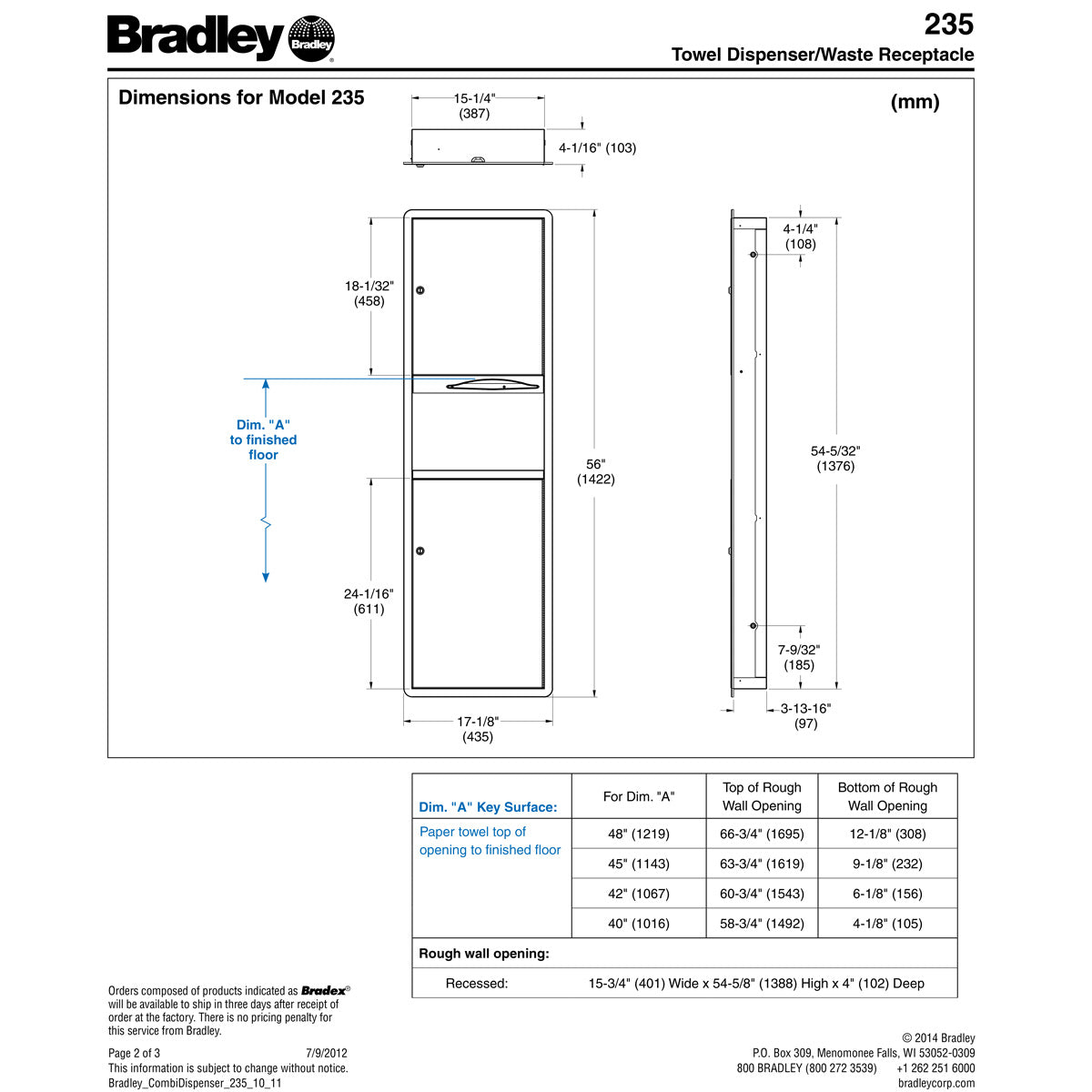 Bradley 235-00 Stainless Steel Recessed-Mounted Combined Towel Dispenser and Waste Receptacle Unit