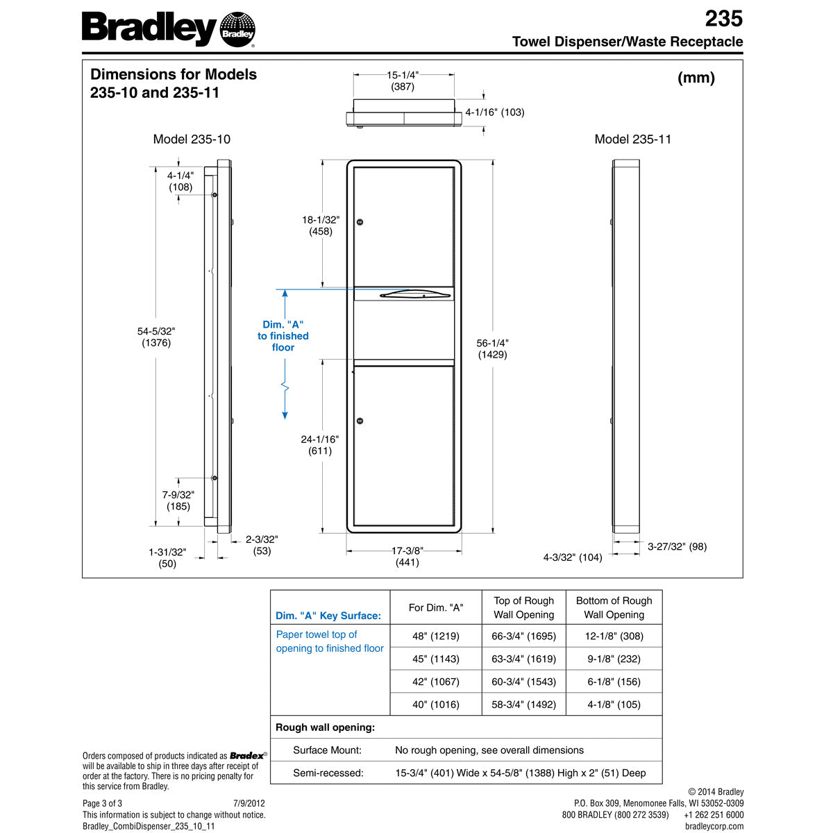 Bradley 235-00 Stainless Steel Recessed-Mounted Combined Towel Dispenser and Waste Receptacle Unit