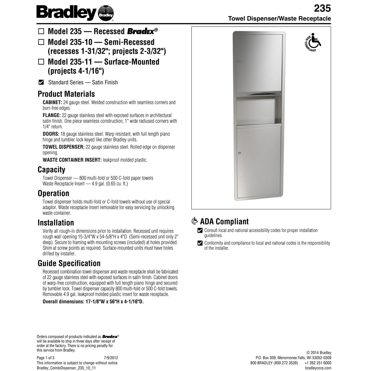 Bradley 235-00 Stainless Steel Recessed-Mounted Combined Towel Dispenser and Waste Receptacle Unit