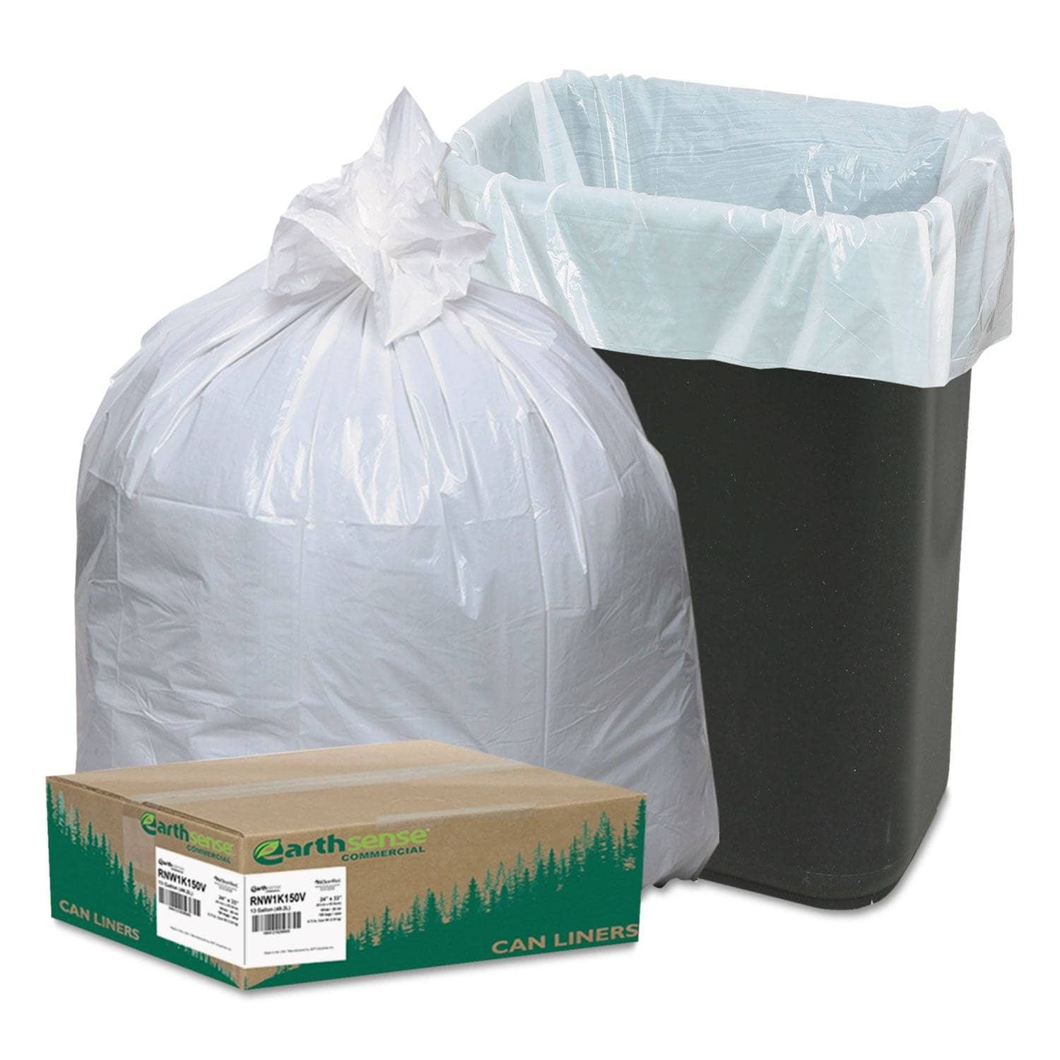 Recycled 13 Gal White Earthsense Tall Kitchen Bags, 0.85 Mil, 150/Box