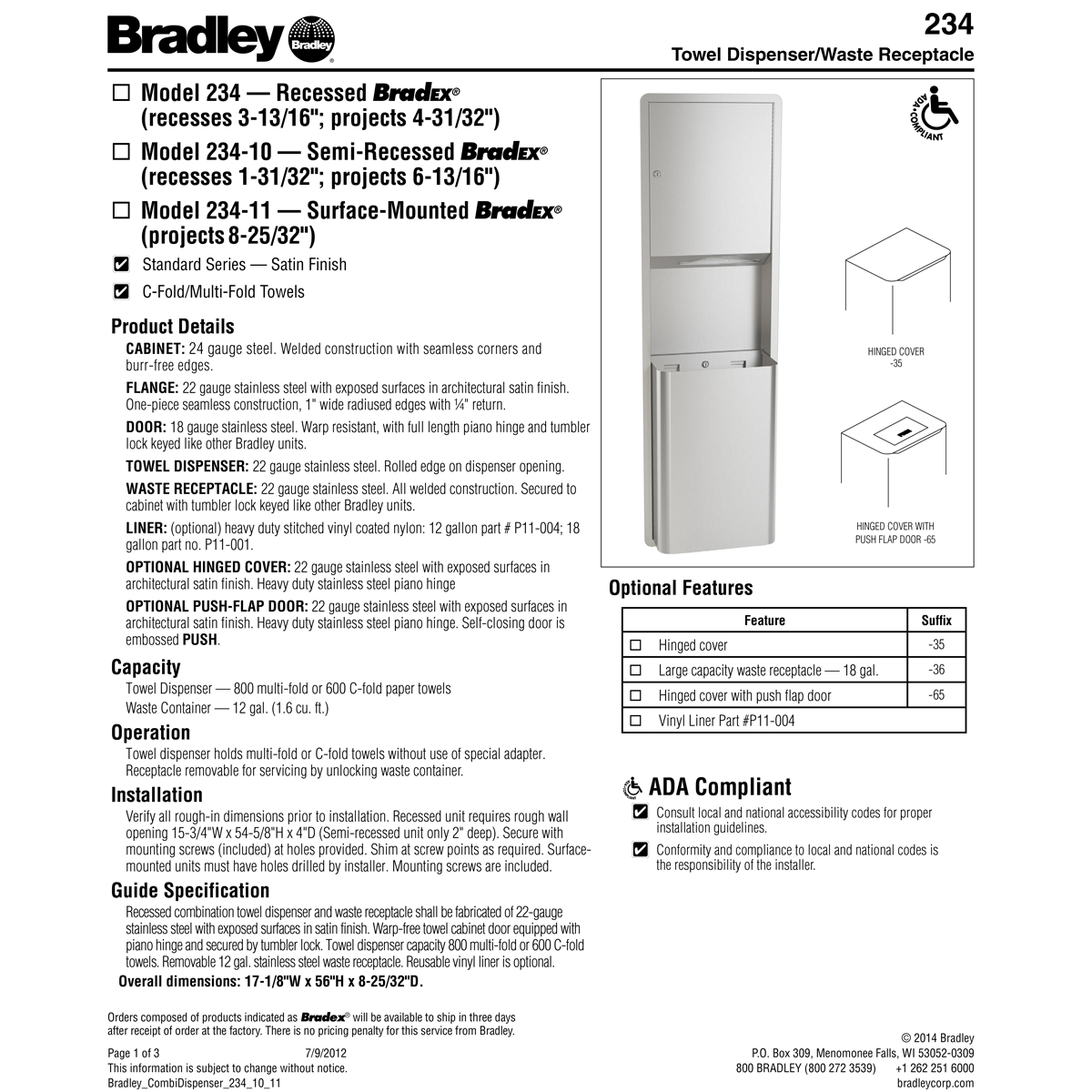 Surface-Mounted Bradley 234-1135 Stainless Steel Commercial Paper Towel Dispenser & Waste Receptacle