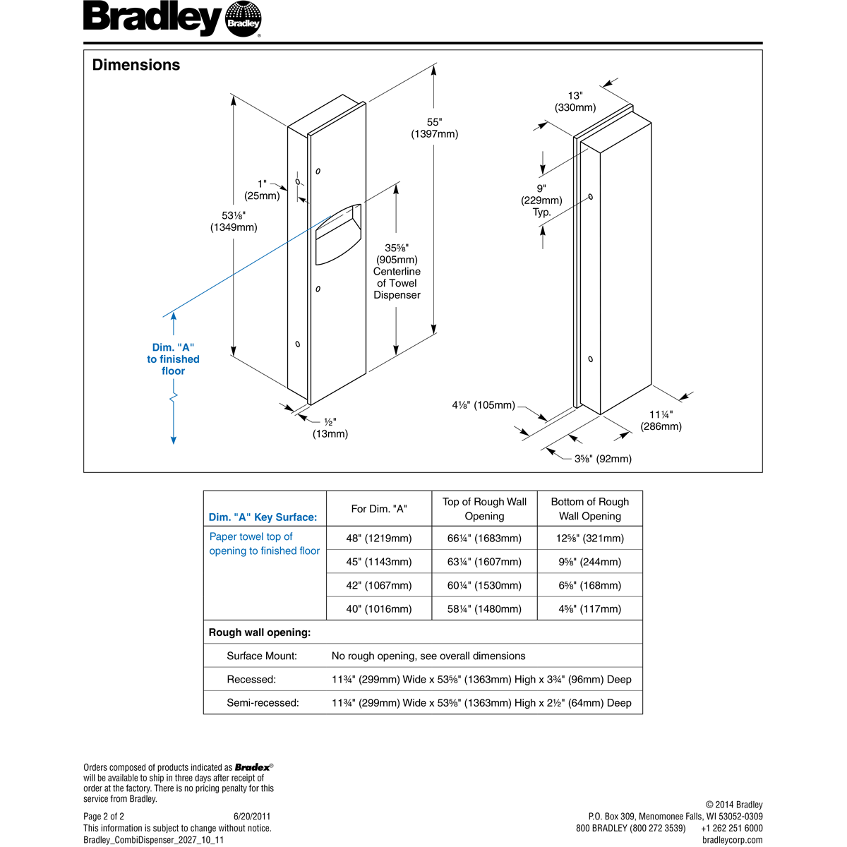 Bradley 2027-00 Recessed-Mounted Stainless Steel Combination Unit for Towel Dispensing and Waste Collection