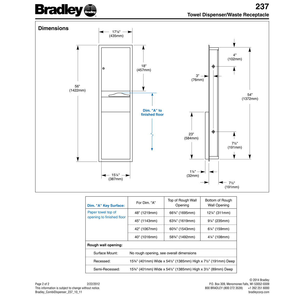 Bradley 237 Commercial-Grade Stainless Steel Recess-Mounted Paper Towel Dispenser and Waste Receptacle Combo