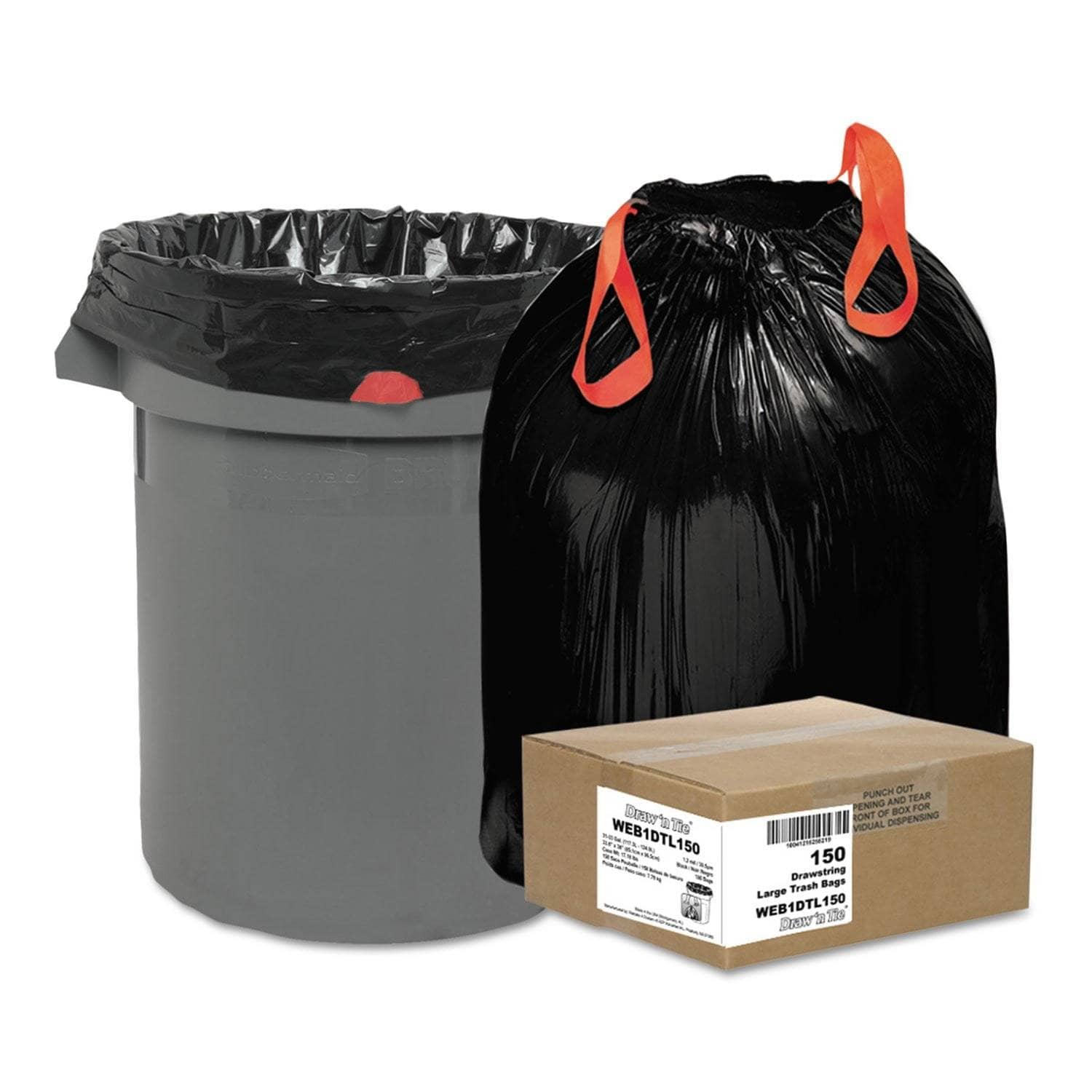 Heavy-Duty 33 Gal Black Drawstring Trash Bags, 1.2 Mil, 150/Box - WBI1DTL150