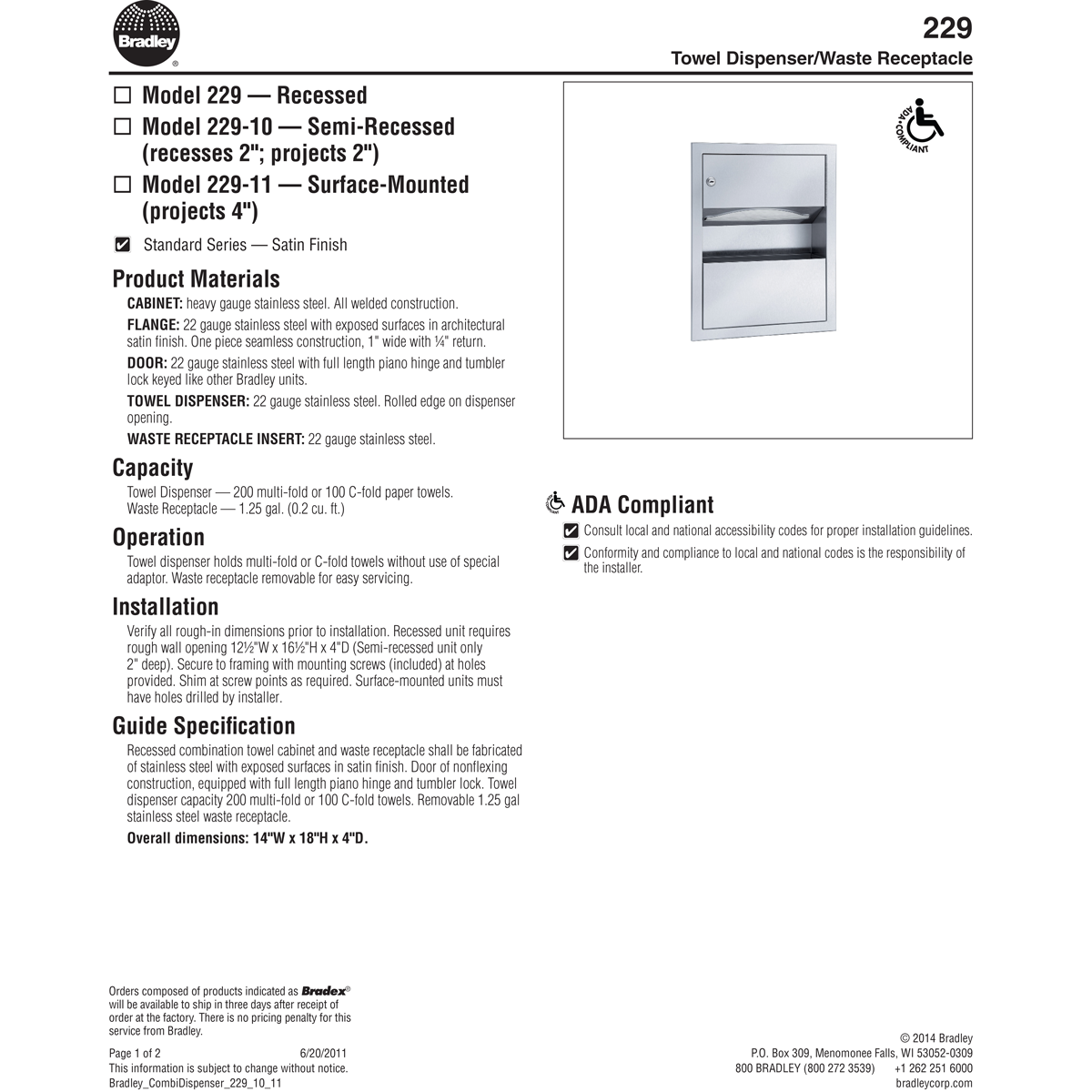 Bradley 229-10 Semi-Recessed Stainless Steel Commercial Paper Towel Dispenser & Waste Receptacle Combo