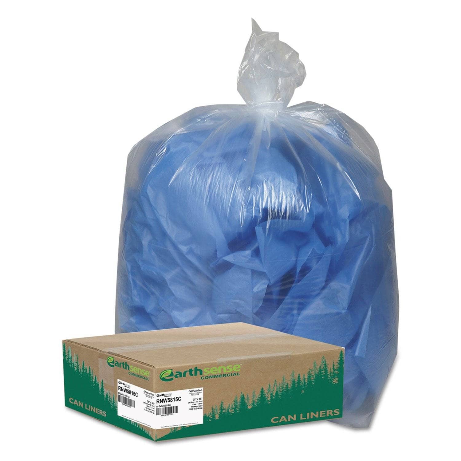 Earthsense Clear Recycled Can Liners, 60 Gal, 1.5 Mil, 38 X 58, 100/Carton