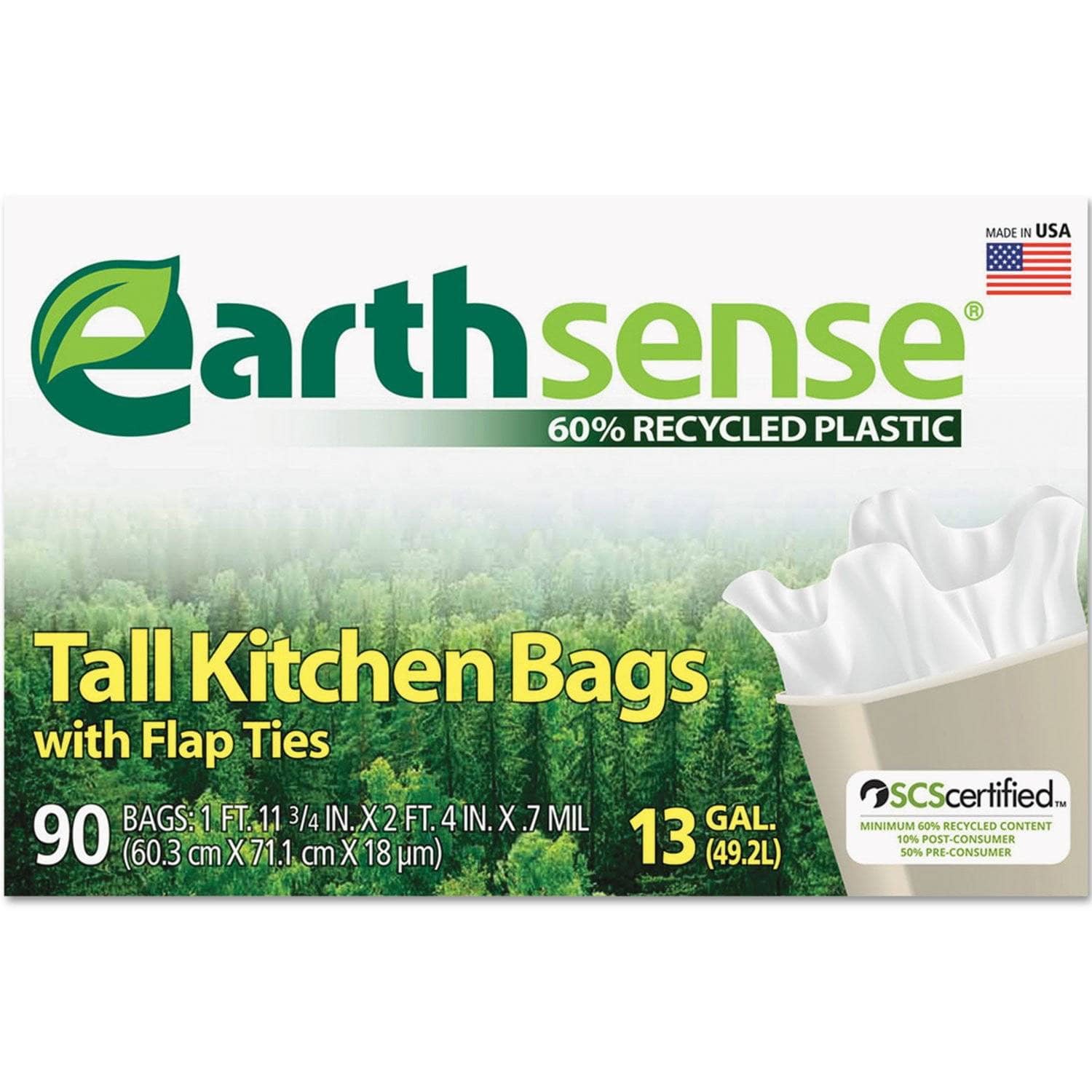 Earthsense 13 Gal 0.7 Mil White Recycled Flap - Tie Can Liners, 90/Box