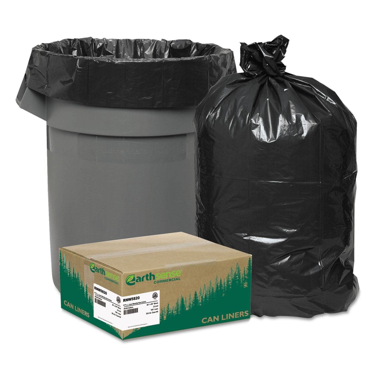Earthsense 60 Gal, 2 Mil, 38 X 58 Black Recycled Linear Low Density Can Liners, 100/Carton