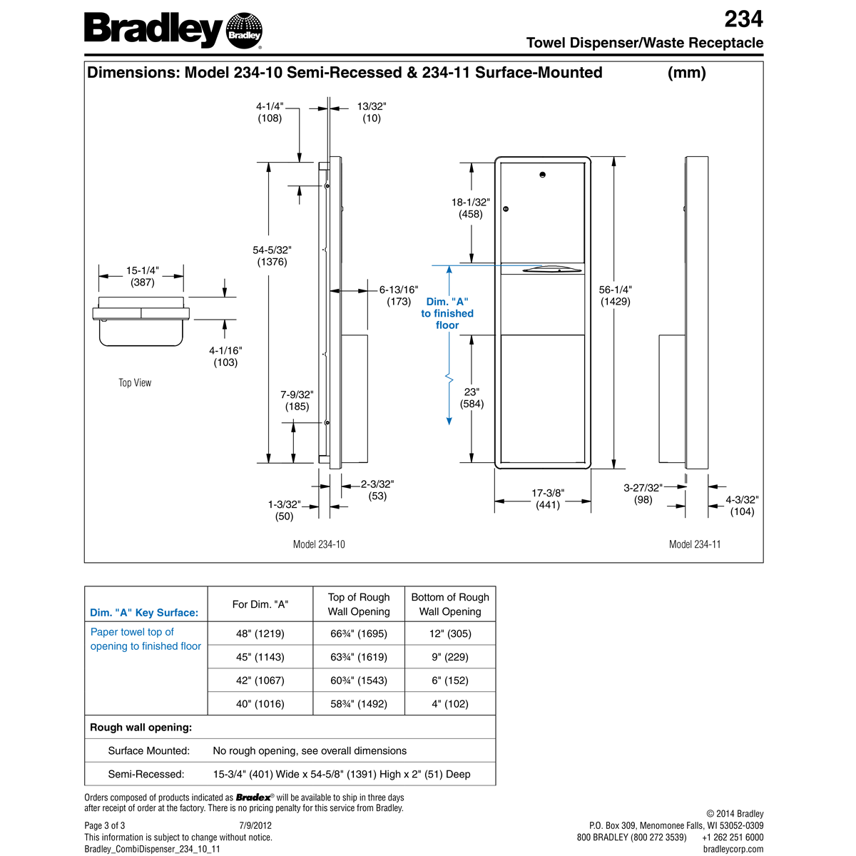 Surface-Mounted Bradley 234-1135 Stainless Steel Commercial Paper Towel Dispenser & Waste Receptacle
