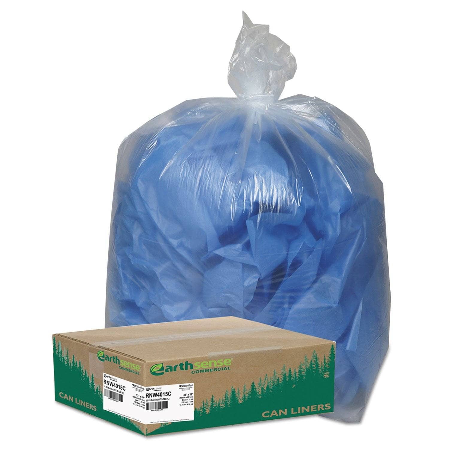 Earthsense 33 Gal Clear Recycled Can Liners, 1.25 Mil, 33 X 39, 100/Carton