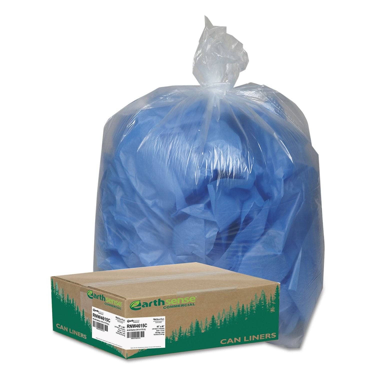 Earthsense Transparent Recycled Can Liners for 40 - 45 Gallon Cans, 1.5 Mil Thickness, Ideal for Recycling