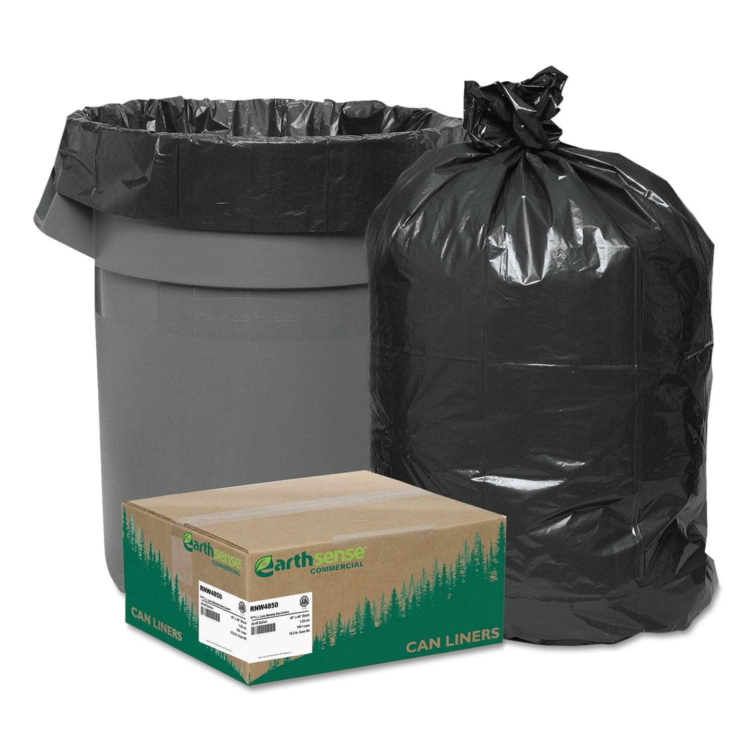 Earthsense Recycled Linear Low - Density Can Liners for 45 - Gallon Trash Cans, 1.25 Mil Thickness, 40 X 46 Size, Black Color, Pack of 100 per Carton - WBIRNW4850