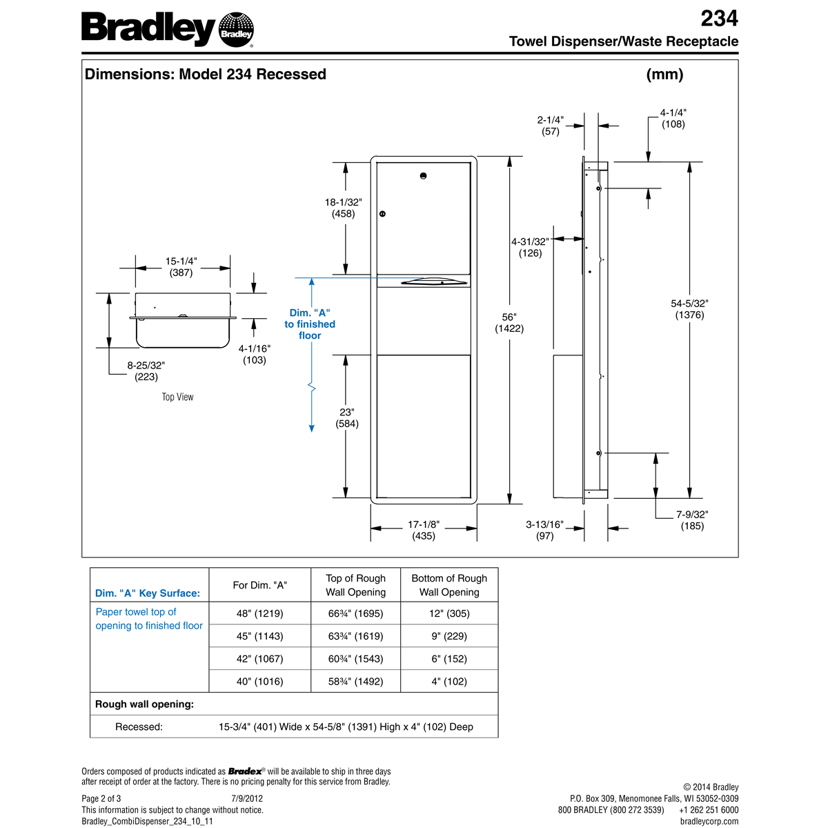 Surface-Mounted Bradley 234-1135 Stainless Steel Commercial Paper Towel Dispenser & Waste Receptacle