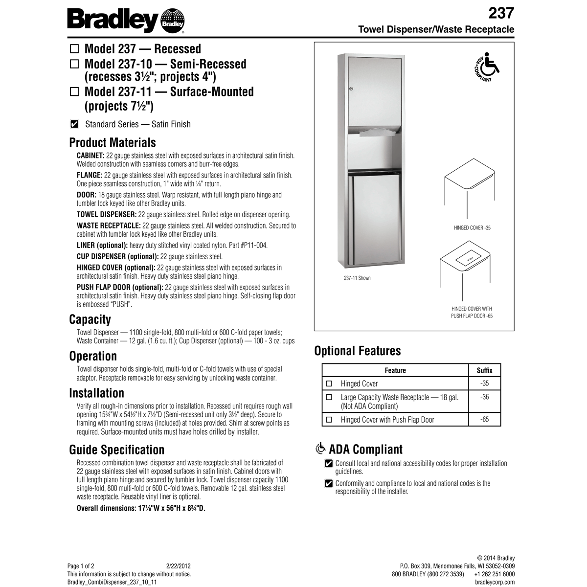 Bradley 237 Commercial-Grade Stainless Steel Recess-Mounted Paper Towel Dispenser and Waste Receptacle Combo
