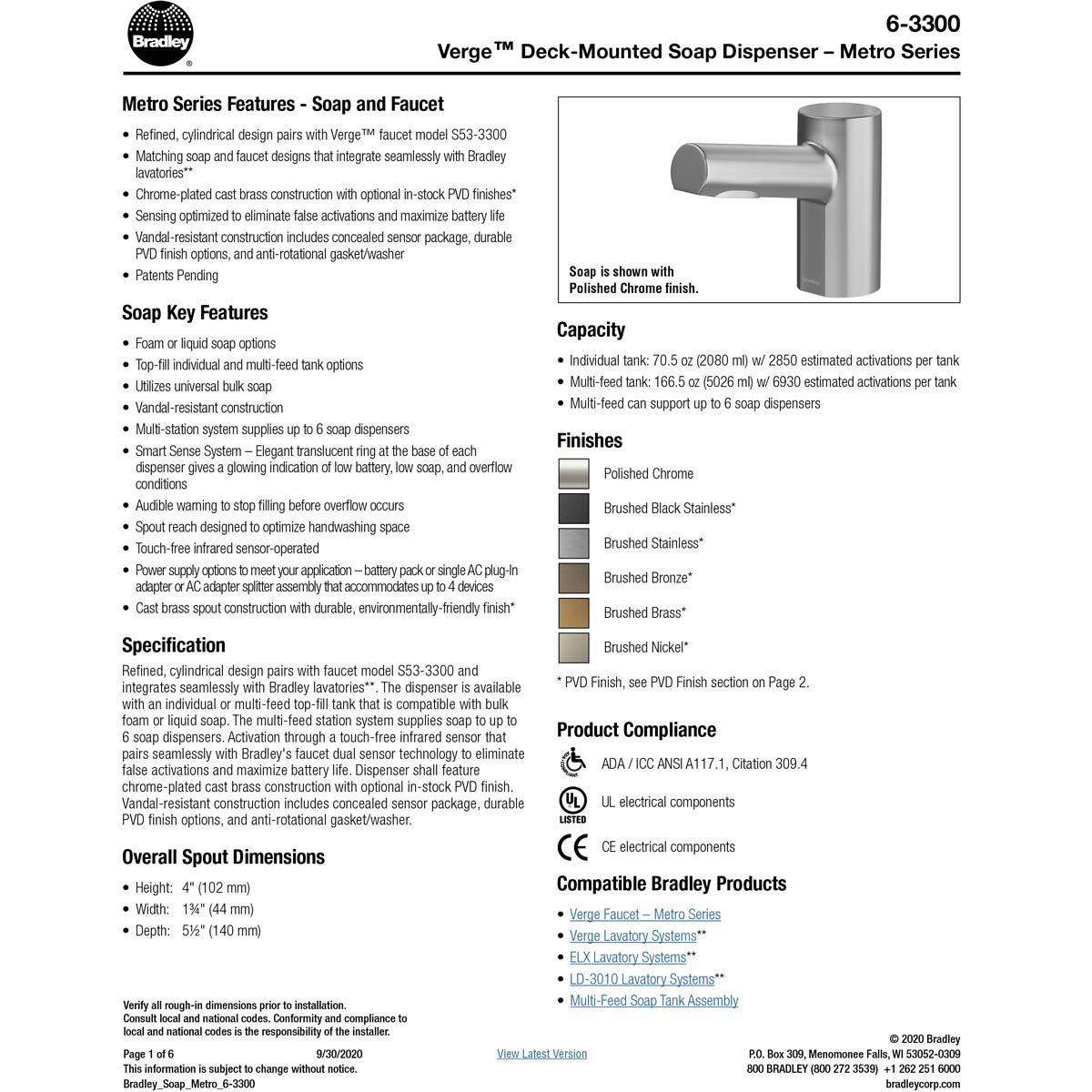 Metro Series Bradley (6 - 3300) RFT - BR Touchless Counter Mounted Sensor Foam Soap Dispenser with Brushed Brass Finish