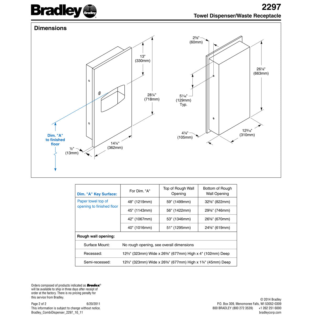 Bradley 2297-00 Stainless Steel Recessed-Mounted Combination Unit for Towel Dispensing and Waste Collection