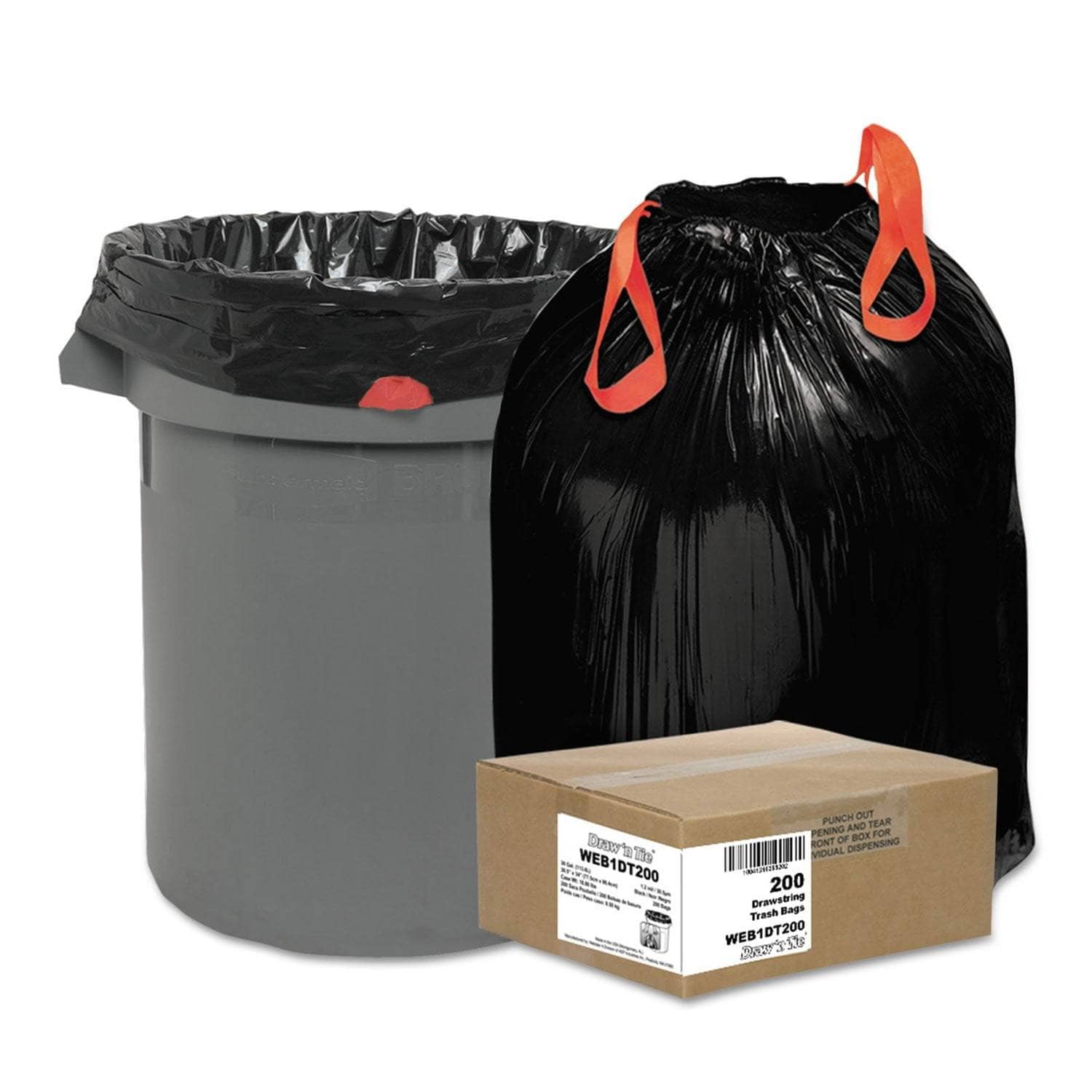 Heavy-Duty 30 Gal Black Drawstring Trash Bags, 1.2 Mil, 200/Box - WBI1DT200