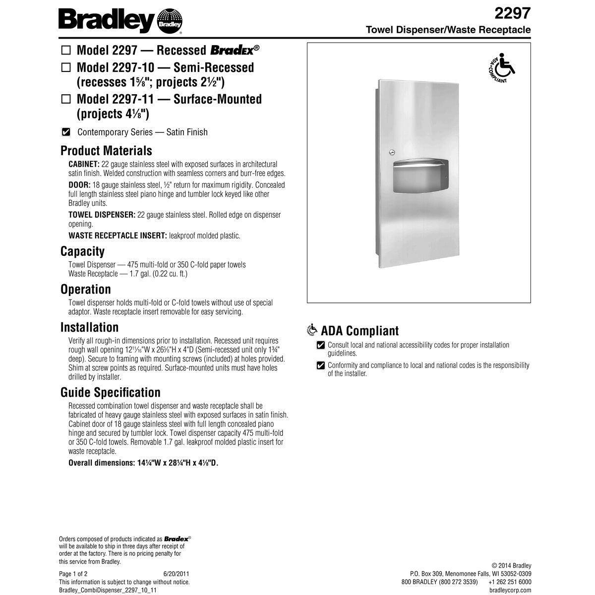 Bradley 2297-00 Stainless Steel Recessed-Mounted Combination Unit for Towel Dispensing and Waste Collection