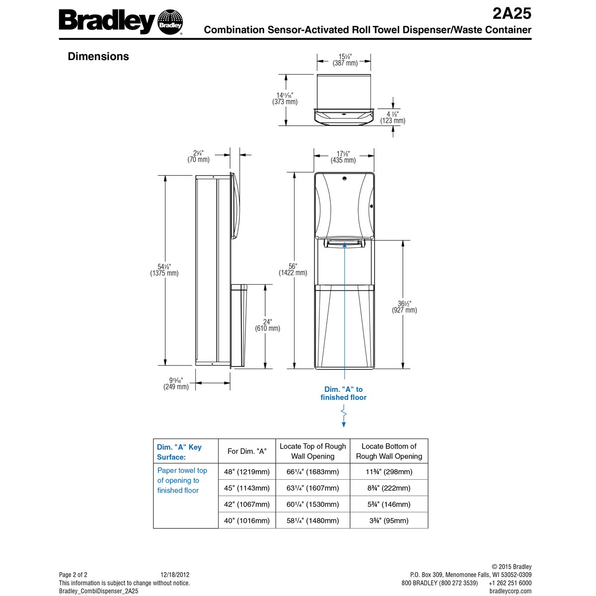 Bradley Recessed-Mounted Stainless Steel 2A25-36 Automatic Toilet Paper Dispenser & Waste Receptacle Combo