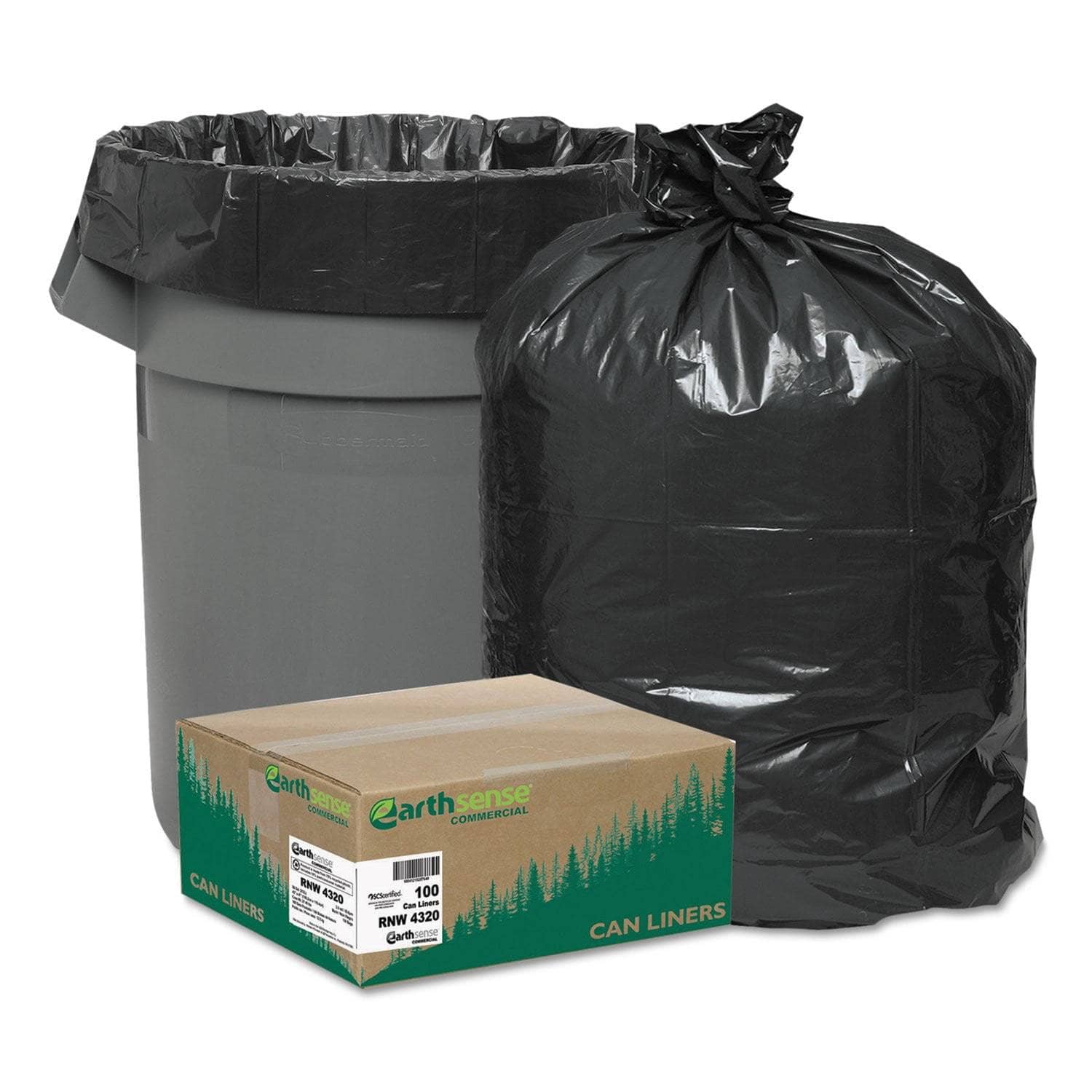 Earthsense Black Linear Low Density Recycled Trash Can Liners, 56 Gallon Capacity, 2 Mil Thickness, 43 X 47 Size, 100 Pieces per Carton - WBIRNW4320