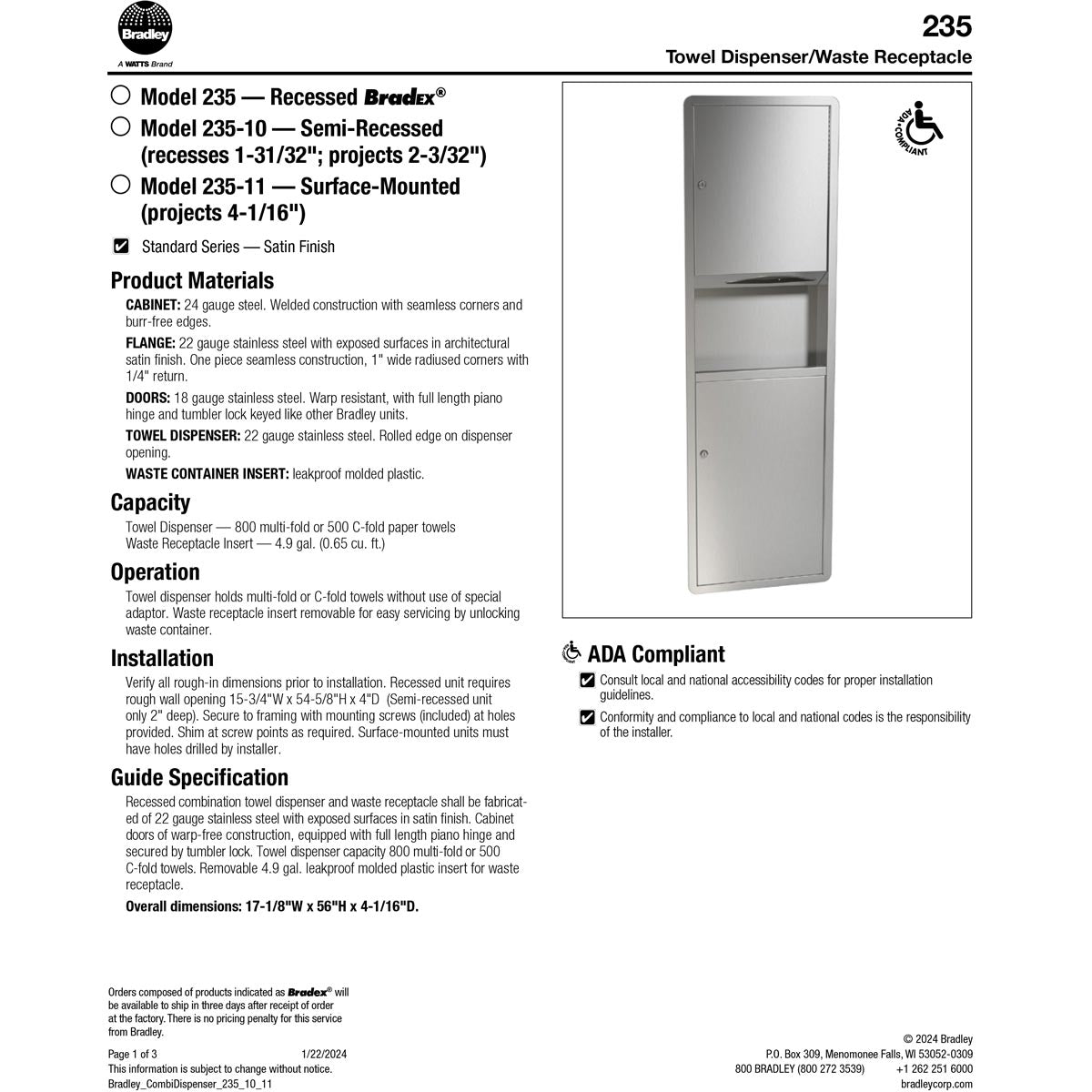 Bradley Commercial Grade 235-11 Surface-Mounted Stainless Steel Paper Towel Dispenser and Waste Receptacle Combo