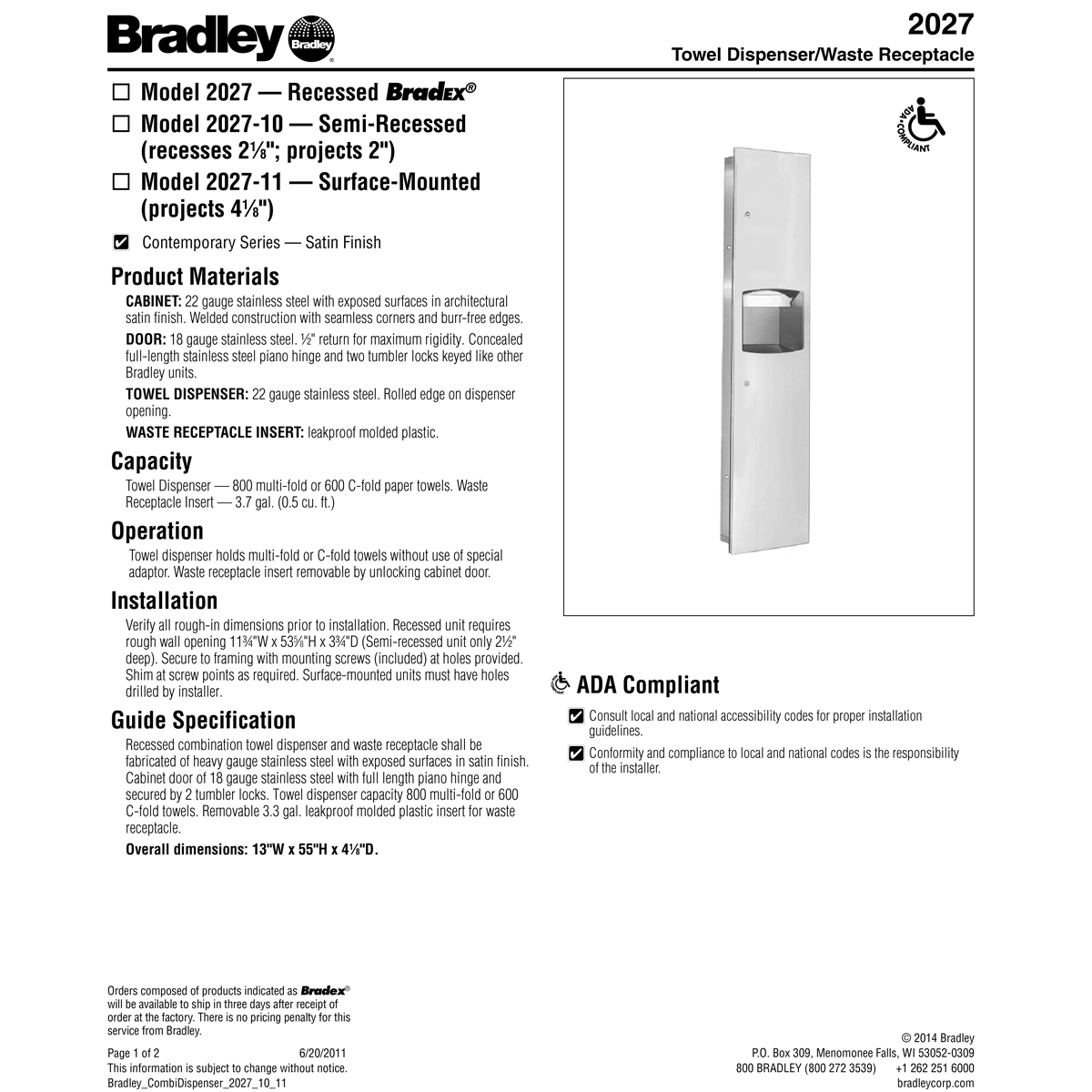Bradley 2027-00 Recessed-Mounted Stainless Steel Combination Unit for Towel Dispensing and Waste Collection