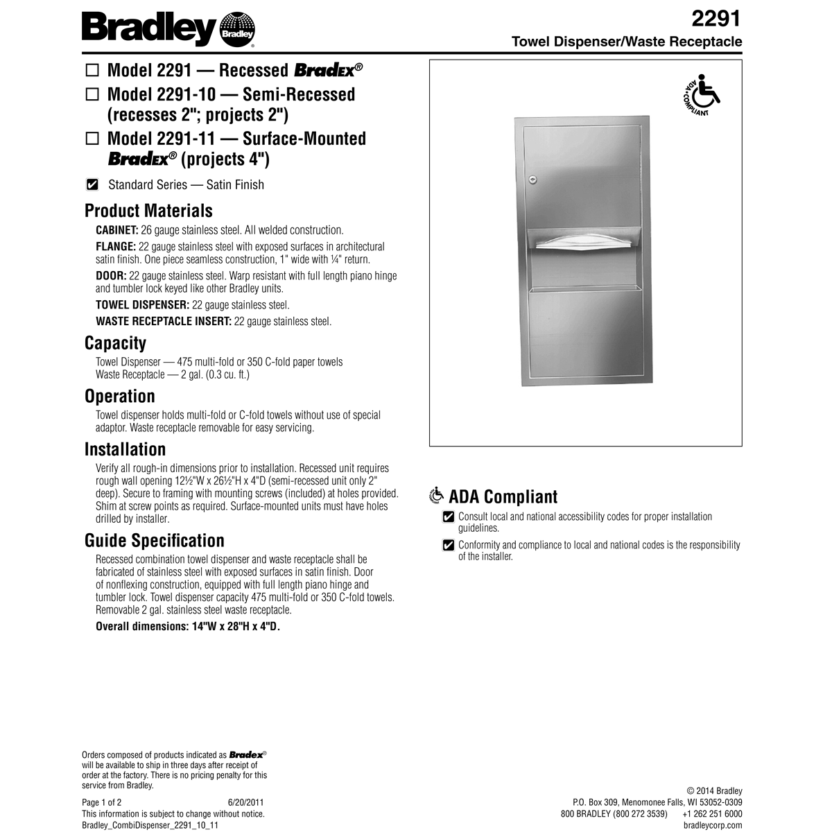 Bradley 2291-00 Recessed-Mounted Stainless Steel Towel Dispenser & Waste Receptacle Combo