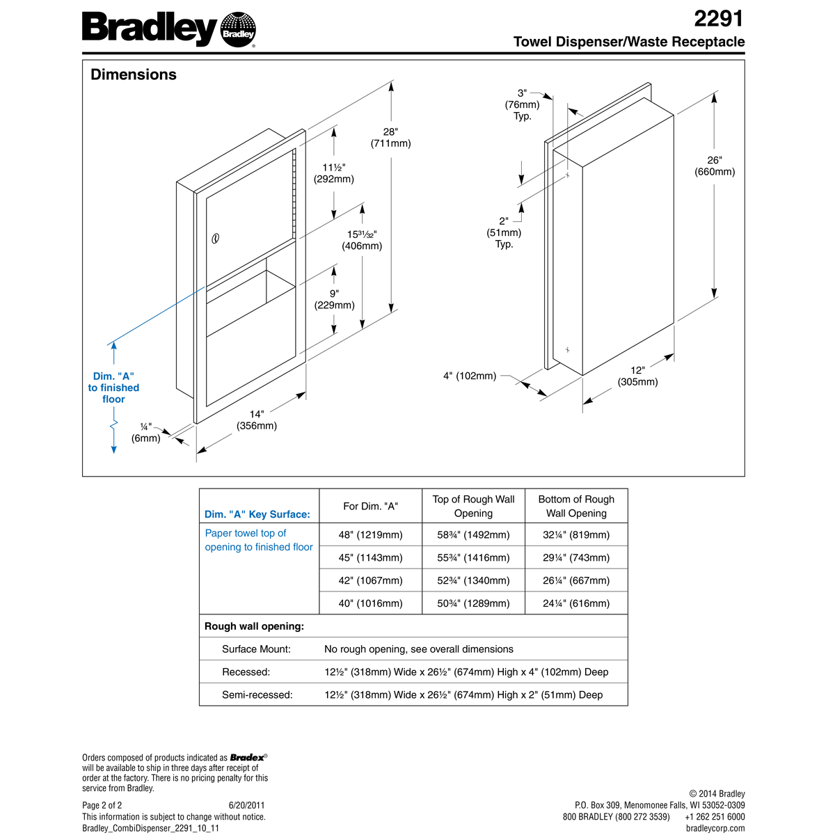 Bradley 2291-00 Recessed-Mounted Stainless Steel Towel Dispenser & Waste Receptacle Combo