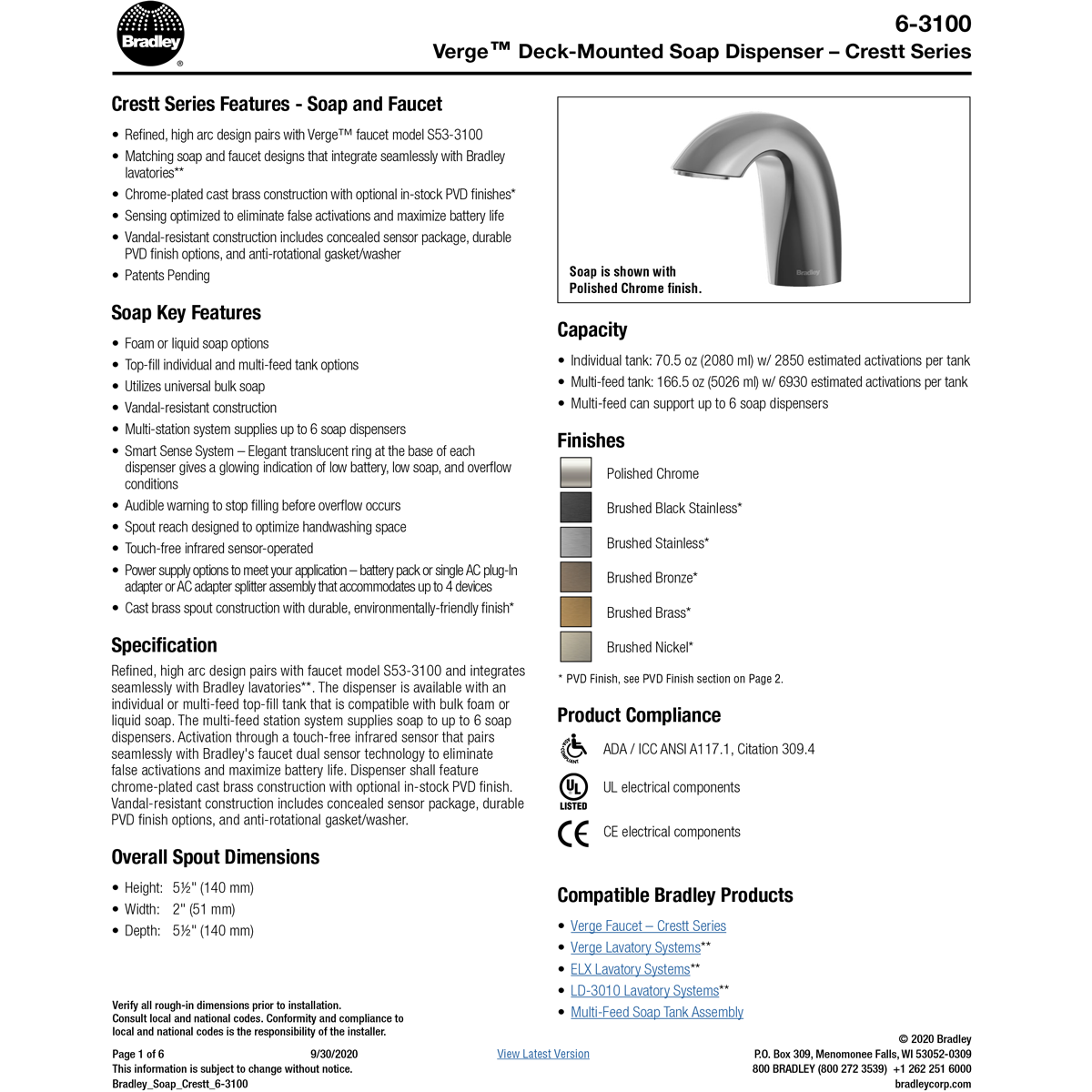 Crestt Series Bradley Touchless Counter Mounted Sensor Foam Soap Dispenser (6-3100) with Brushed Bronze Finish, Non-Returnable