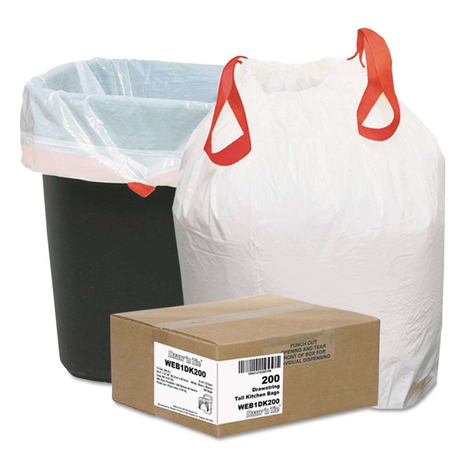 High - Quality Heavy - Duty Drawstring Trash Bags, 13 Gallon Capacity, 0.9 Mil Thickness, 24.5 X 27.38 Size, White Color, 200 Pieces per Box - WBI1DK200