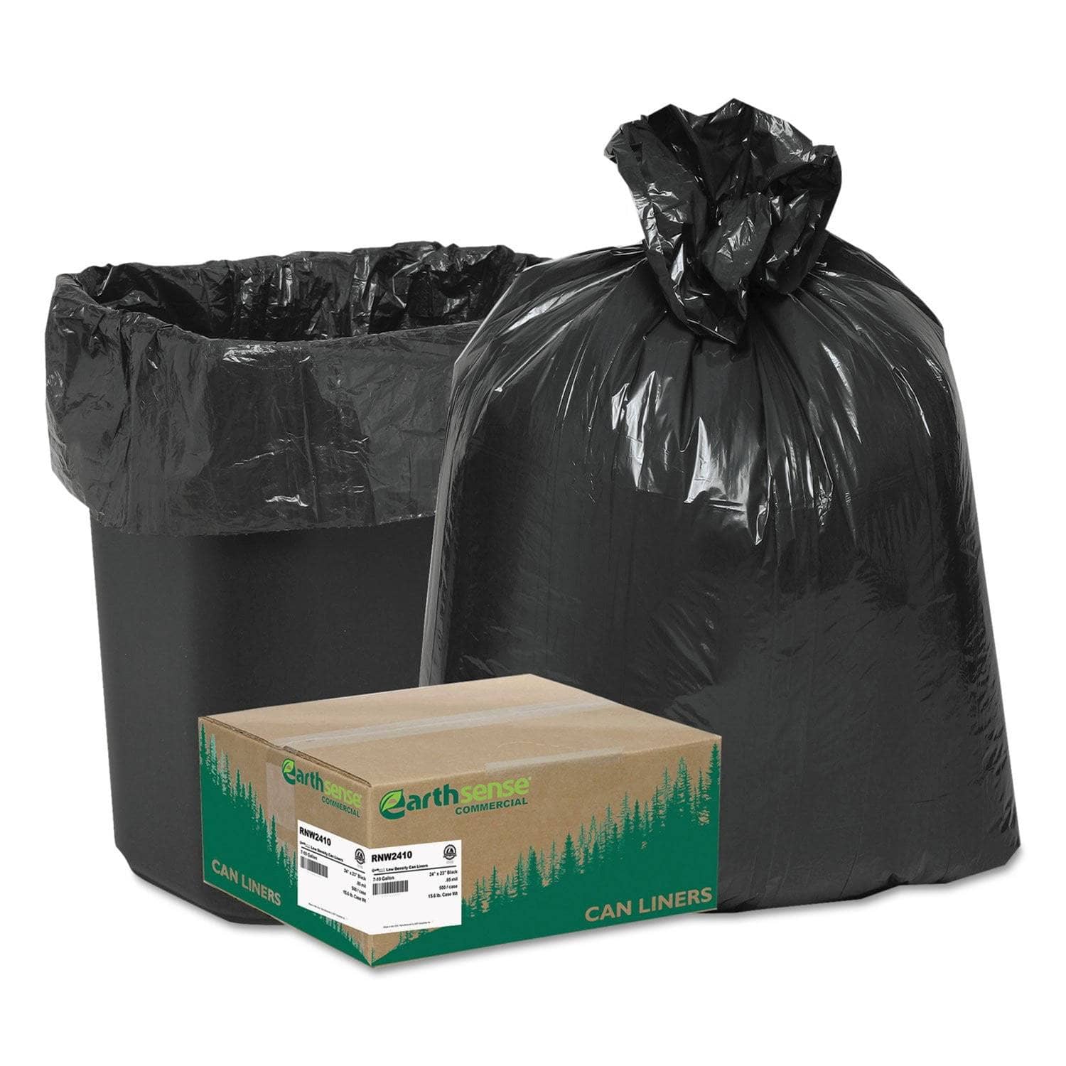 Earthsense Recycled Black Can Liners, 10 Gal, 0.85 Mil, 24 X 23, 500/Carton