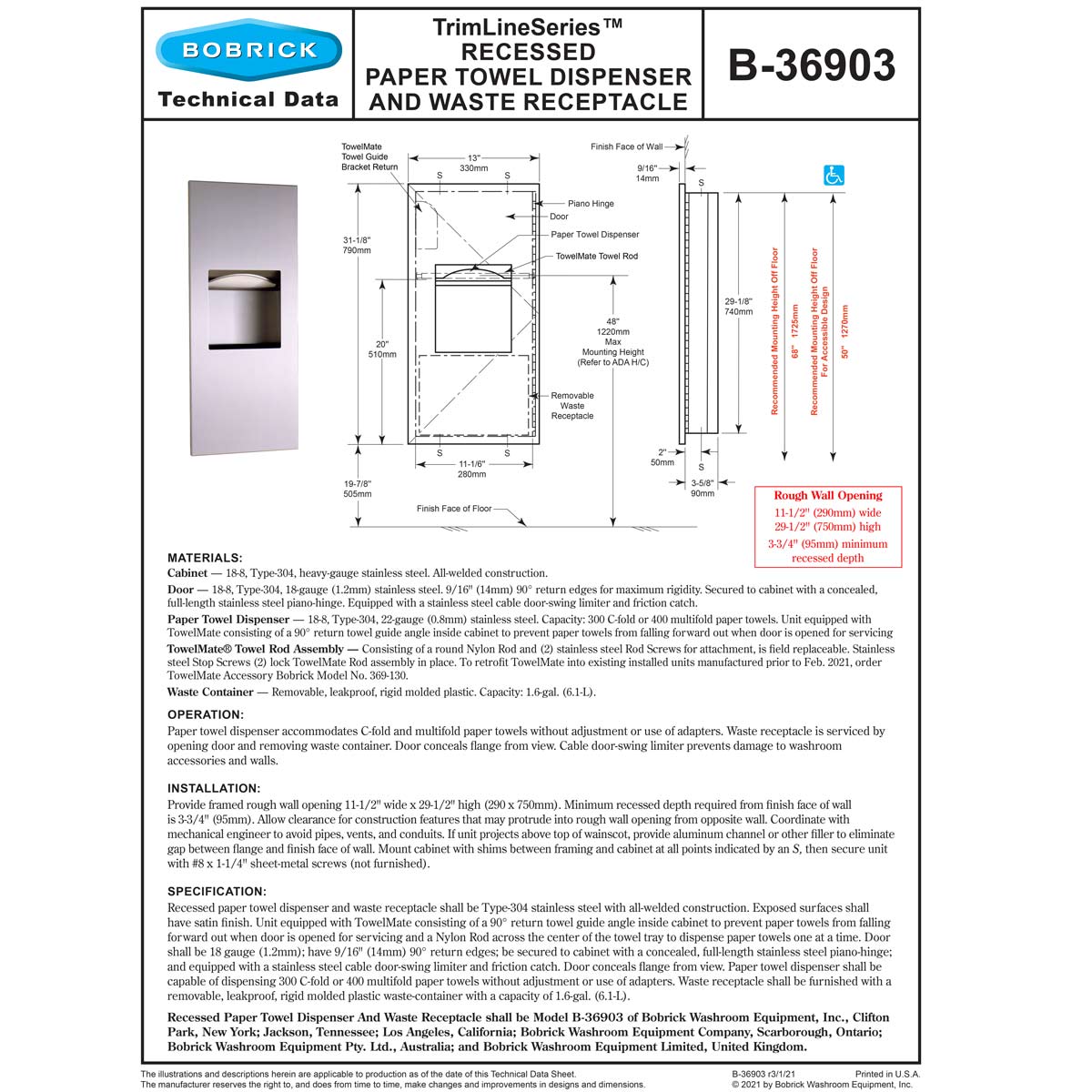 Bobrick B-36903 TrimLine Series Combination Commercial Paper Towel Dispenser and Waste Receptacle, Recessed-Mounted, Made of Satin-Finish Stainless Steel
