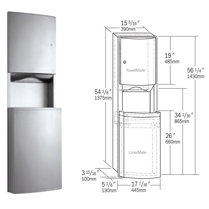 Bobrick B - 43944 High - Quality Commercial Combination Paper Towel Dispenser and Waste Receptacle, Recessed - Mounted, Crafted from Satin - Finish Stainless Steel