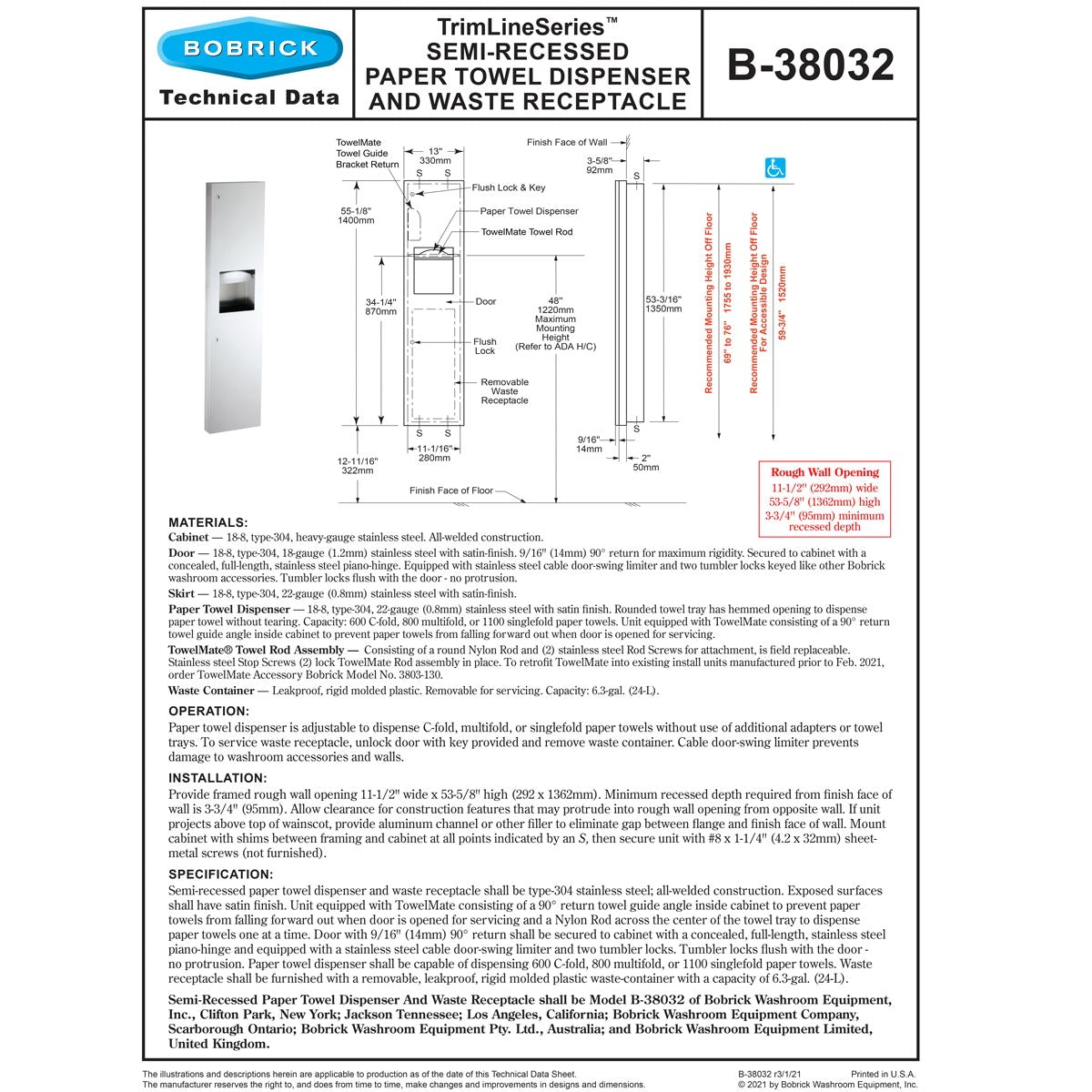 Bobrick B-38032 Semi-Recessed Stainless Steel Commercial Paper Towel Dispenser with Waste Receptacle