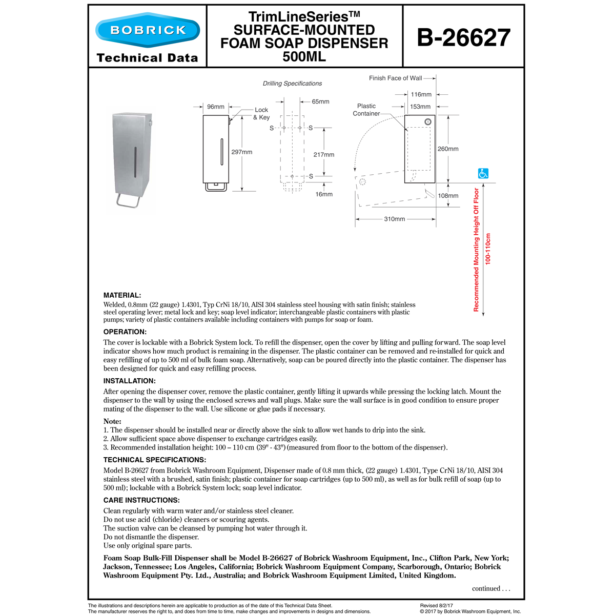 Bobrick TrimLine Surface-Mounted Foam Soap Dispenser in Satin Stainless Steel