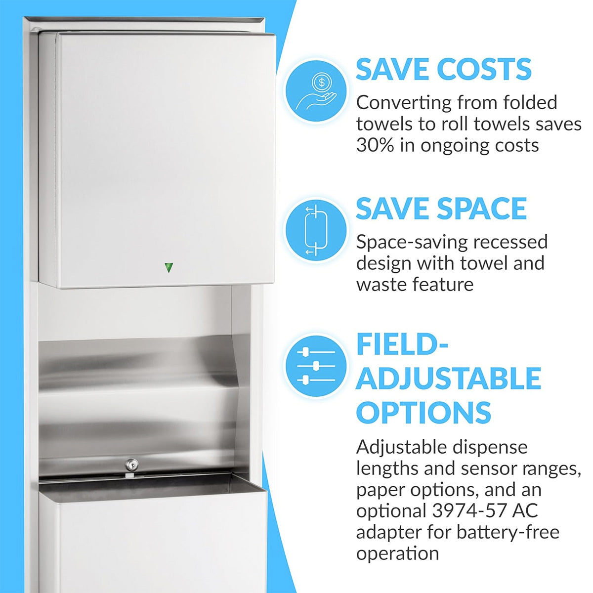 Bobrick B-3974 Recessed-Mounted Stainless Steel Auto Paper Towel Dispenser & Waste Receptacle