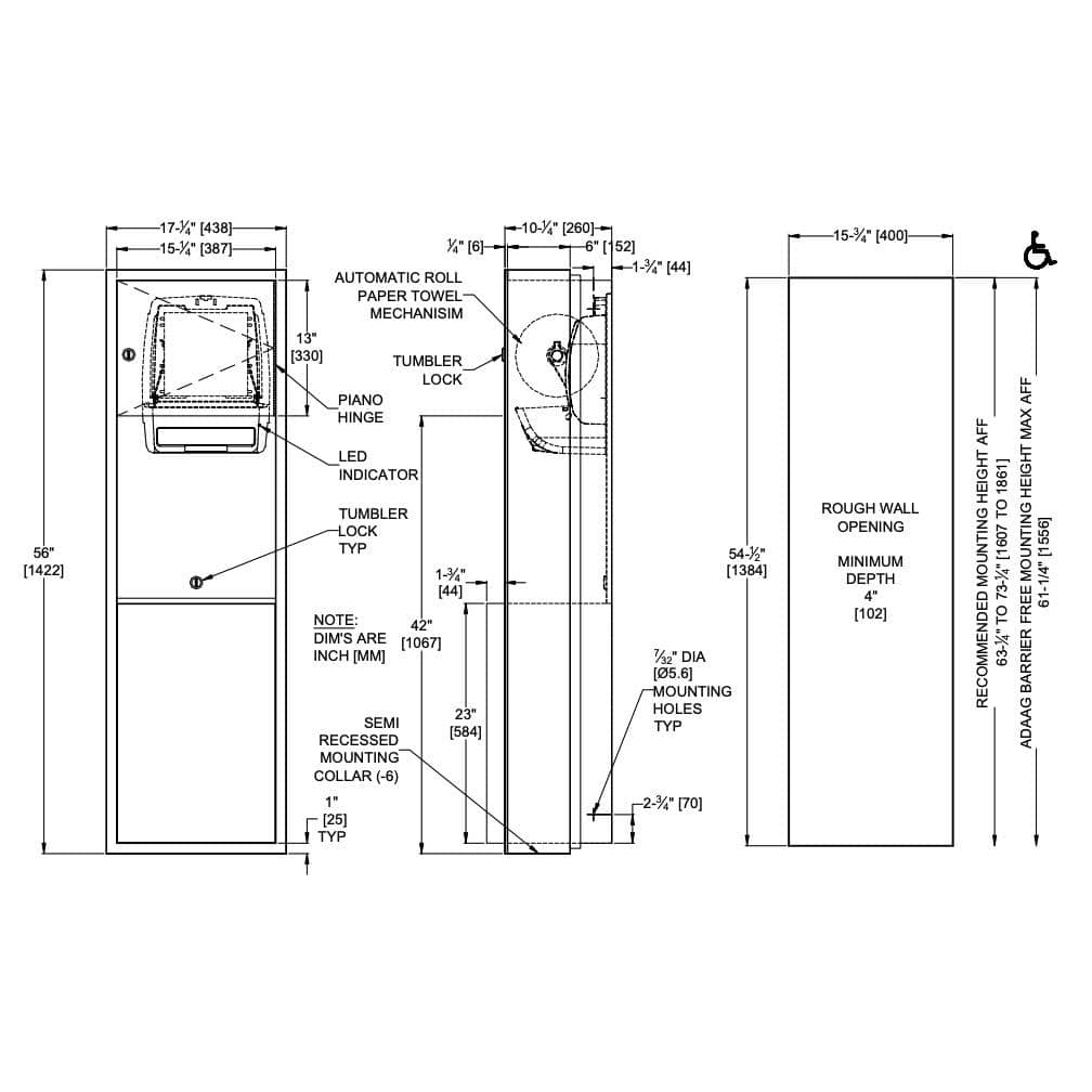 Commercial ASI 04692A-6 Stainless Steel Semi-Recessed-Mounted Combination Paper Towel Dispenser and Waste Receptacle