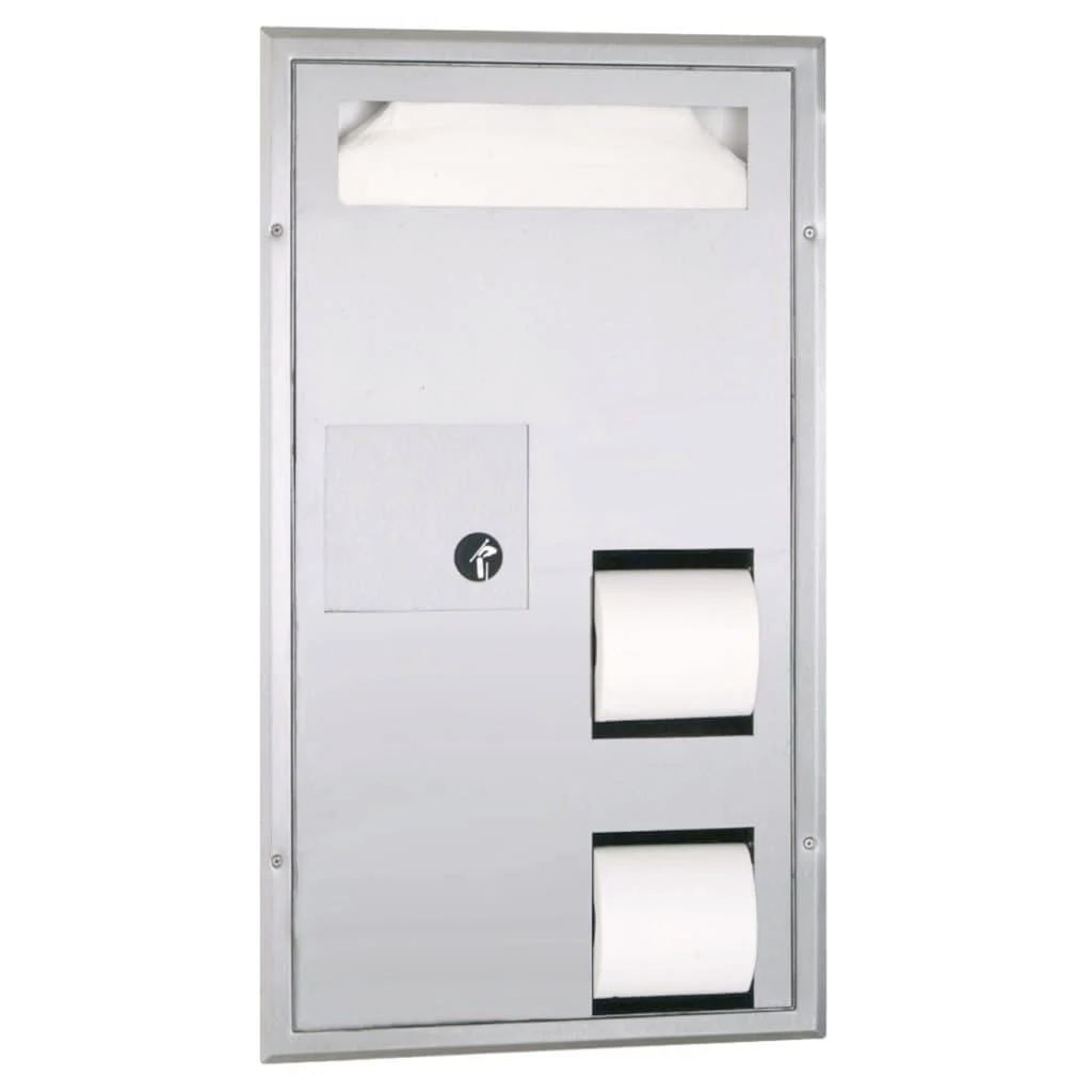 Bobrick B-35715 Partition-Mounted Multipurpose Dispenser for Toilet Seat Covers, Sanitary Napkin Disposal, and Toilet Tissue