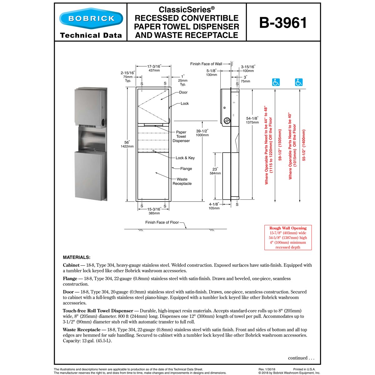 Bobrick B-3961 Satin Stainless Steel Recessed Commercial Paper Towel Dispenser & Waste Receptacle