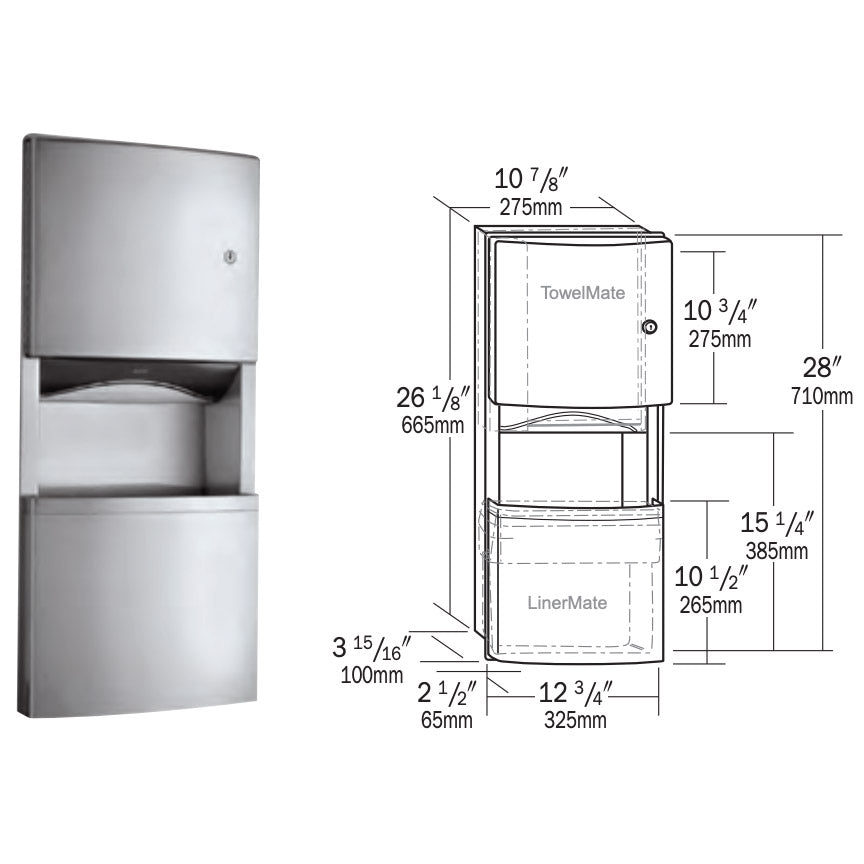 Bobrick B-4369 Recessed-Mounted Stainless Steel Commercial Paper Towel Dispenser & Waste Receptacle