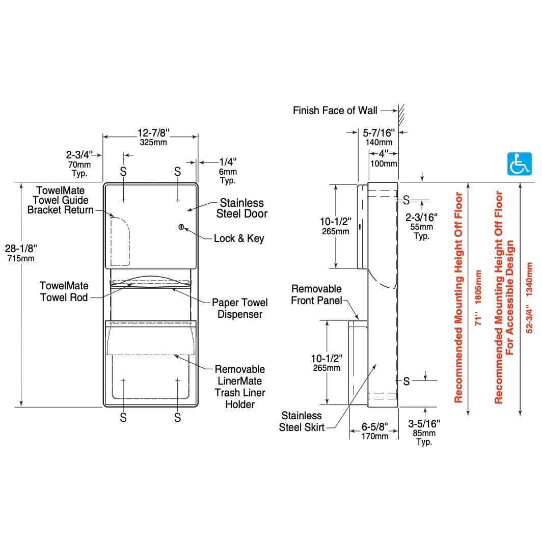 Bobrick B-43699 Surface-Mounted Stainless Steel Combination Commercial Paper Towel Dispenser and Waste Receptacle from the Bobrick Contura Series